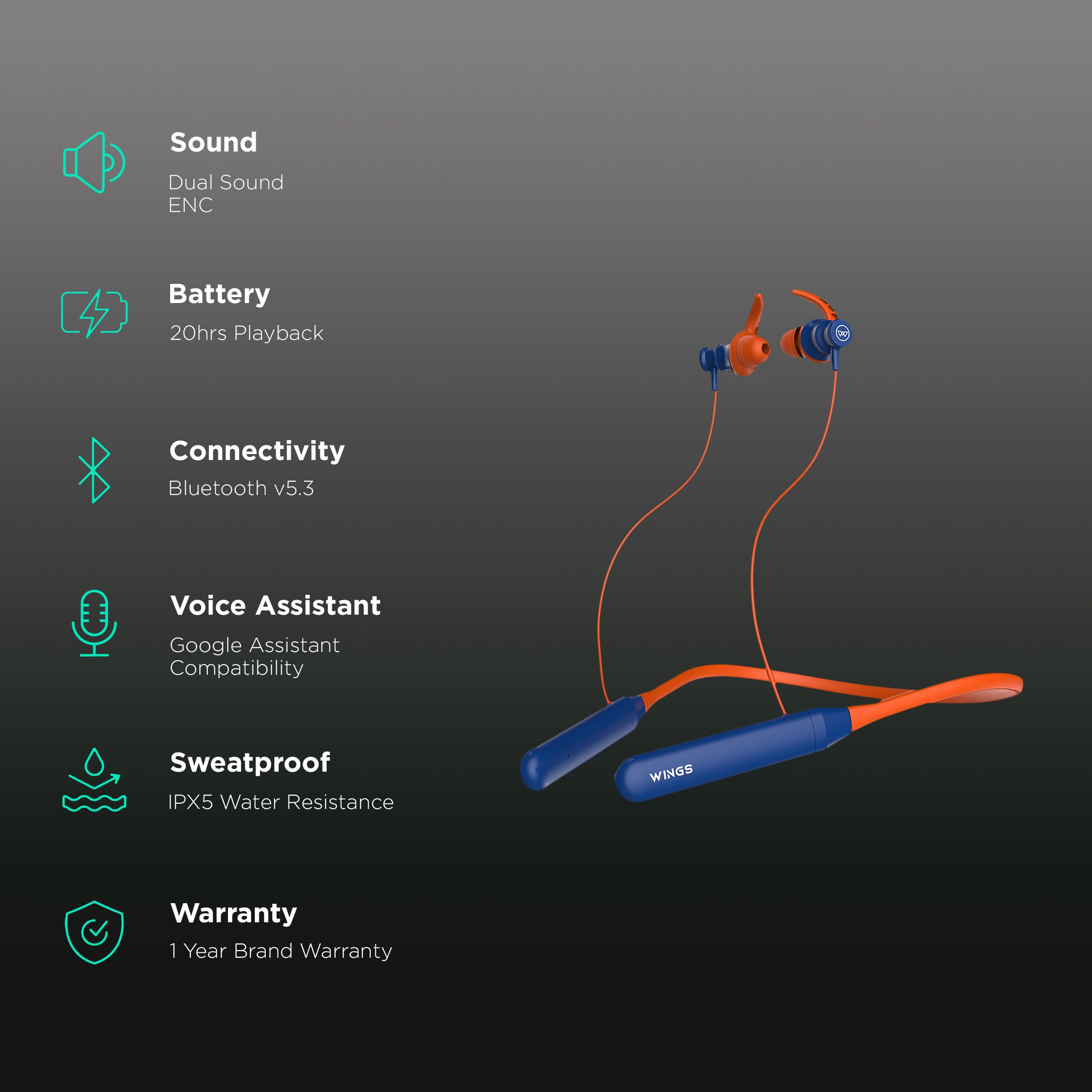 WINGS Phantom 110 Neckband with Environmental Noise Cancellation (IPX5 Water Resistant, 20 Hours of Playtime, Orange)_2
