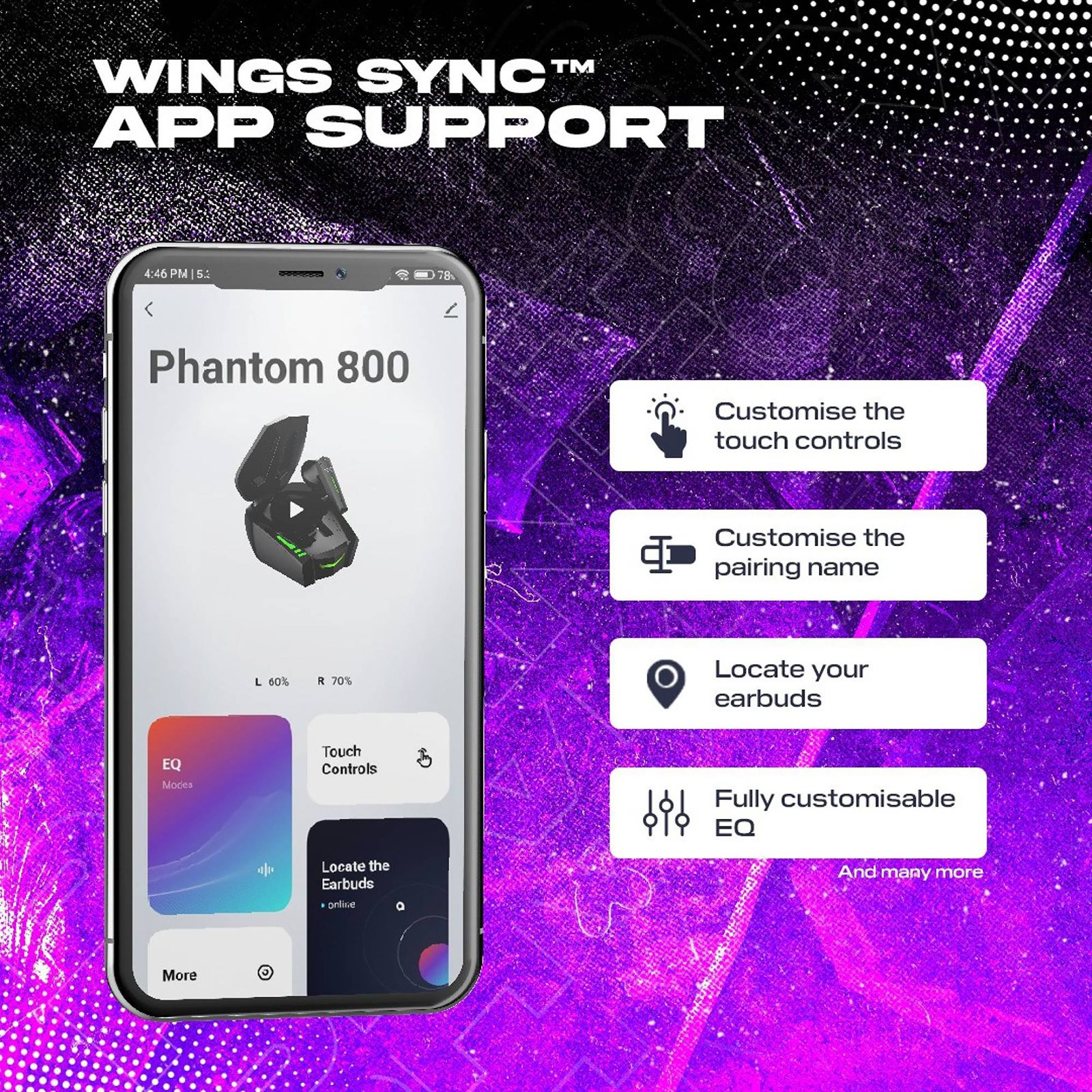 WINGS Phantom 800 TWS Earbuds with Environmental Noise Cancellation (IPX5 Water Resistant, Ultra Low Latency, Black)_6
