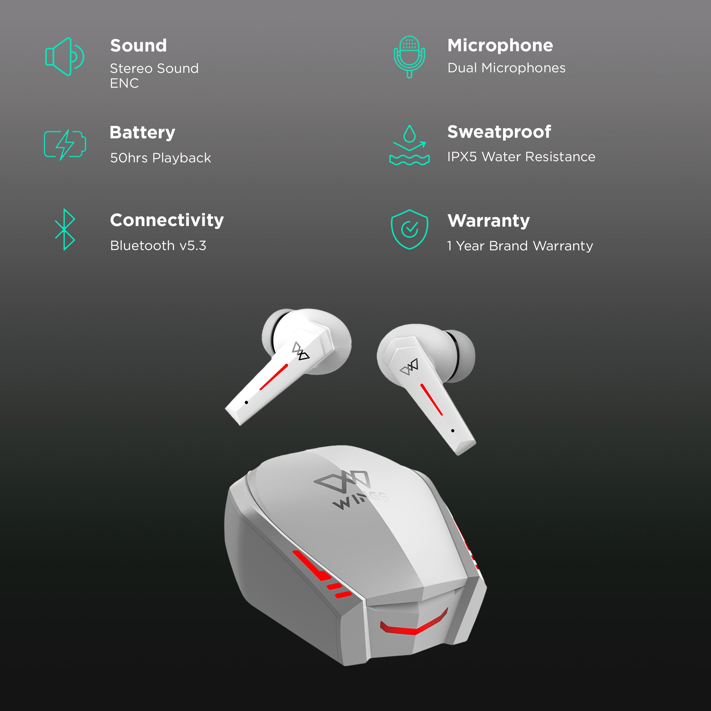 WINGS Phantom 800 TWS Earbuds with Environmental Noise Cancellation (IPX5 Water Resistant, Upto 50 Hours Playback, White) WINGS Phantom 800 TWS Earbuds with Environmental Noise Cancellation (IPX5 Water Resistant, Upto 50 Hours Playback, White)_2