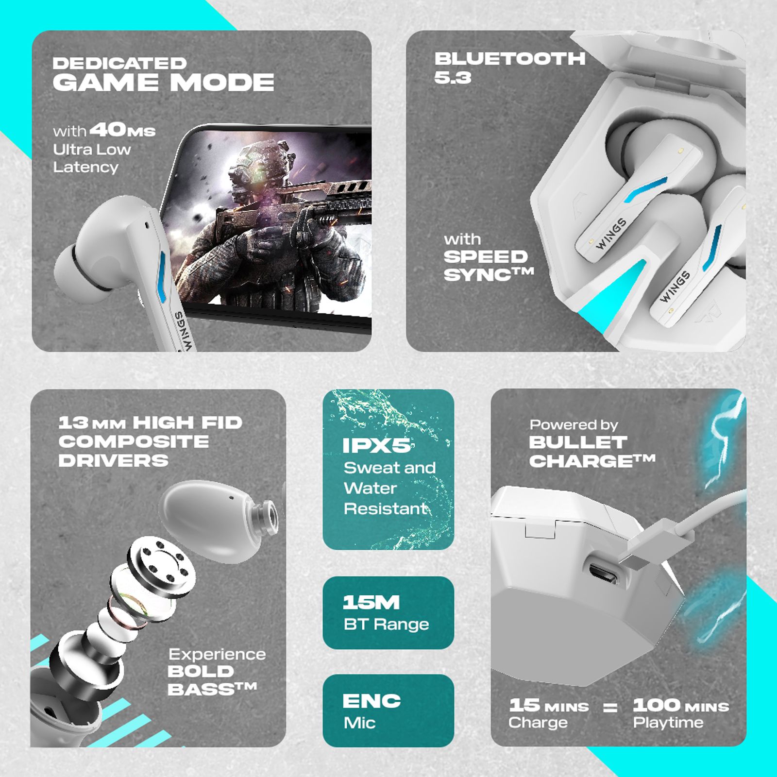 WINGS Phantom 850 TWS Earbuds with Environmental Noise Cancellation (IPX5 Water Resistant, 40ms Ultra Low Latency, White)_10