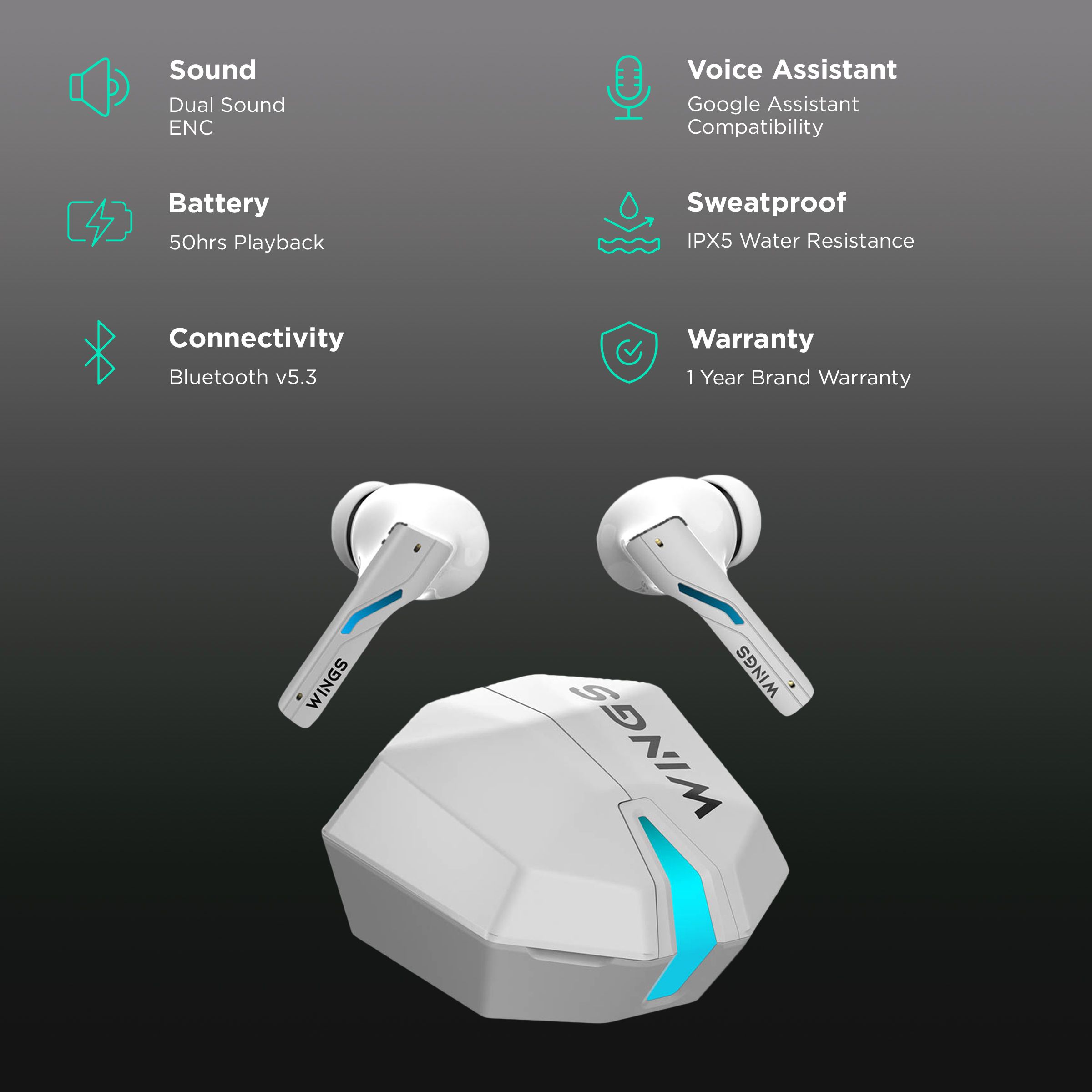 WINGS Phantom 850 TWS Earbuds with Environmental Noise Cancellation (IPX5 Water Resistant, 40ms Ultra Low Latency, White)_2