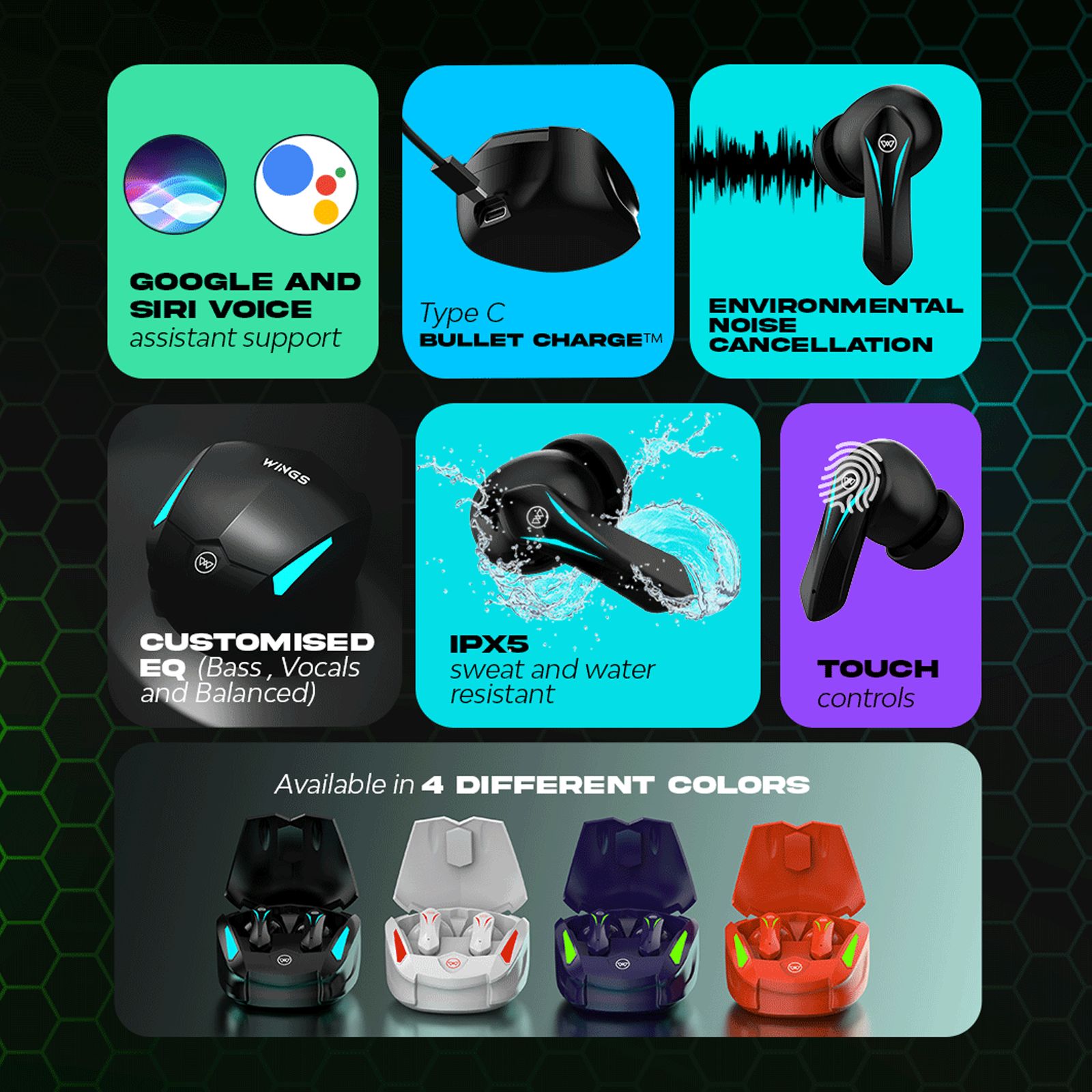 WINGS Phantom 550 TWS Earbuds with Environmental Noise Cancellation (IPX5 Water Resistant, 50ms Ultra Low Latency Game Mode, Black)_7
