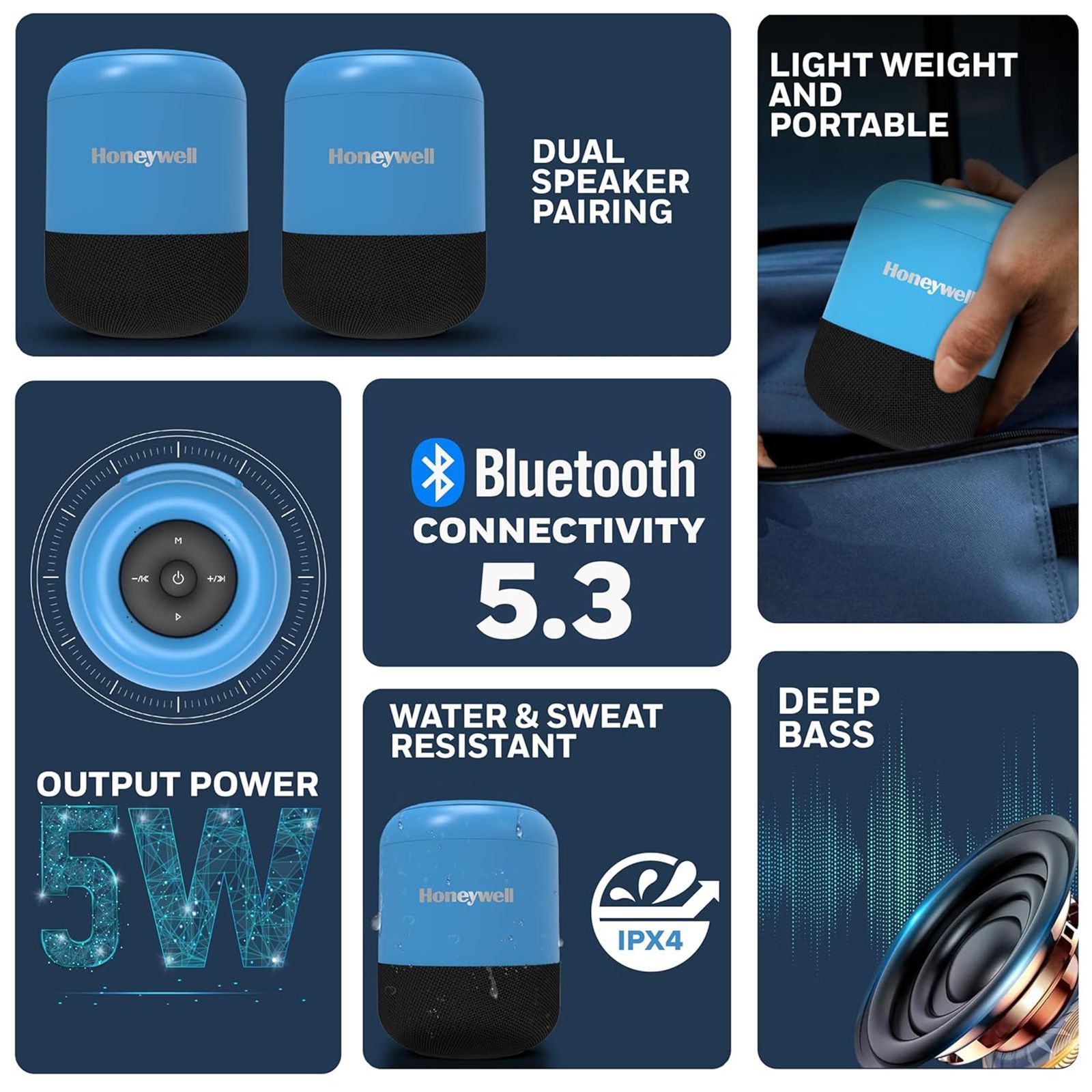 Honeywell Moxie V200 5W Portable Bluetooth Speaker (IPX4 Water Resistant, 52 mm Drivers, Stereo Channel, Blue) Honeywell Moxie V200 5W Portable Bluetooth Speaker (IPX4 Water Resistant, 52 mm Drivers, Stereo Channel, Blue)_13