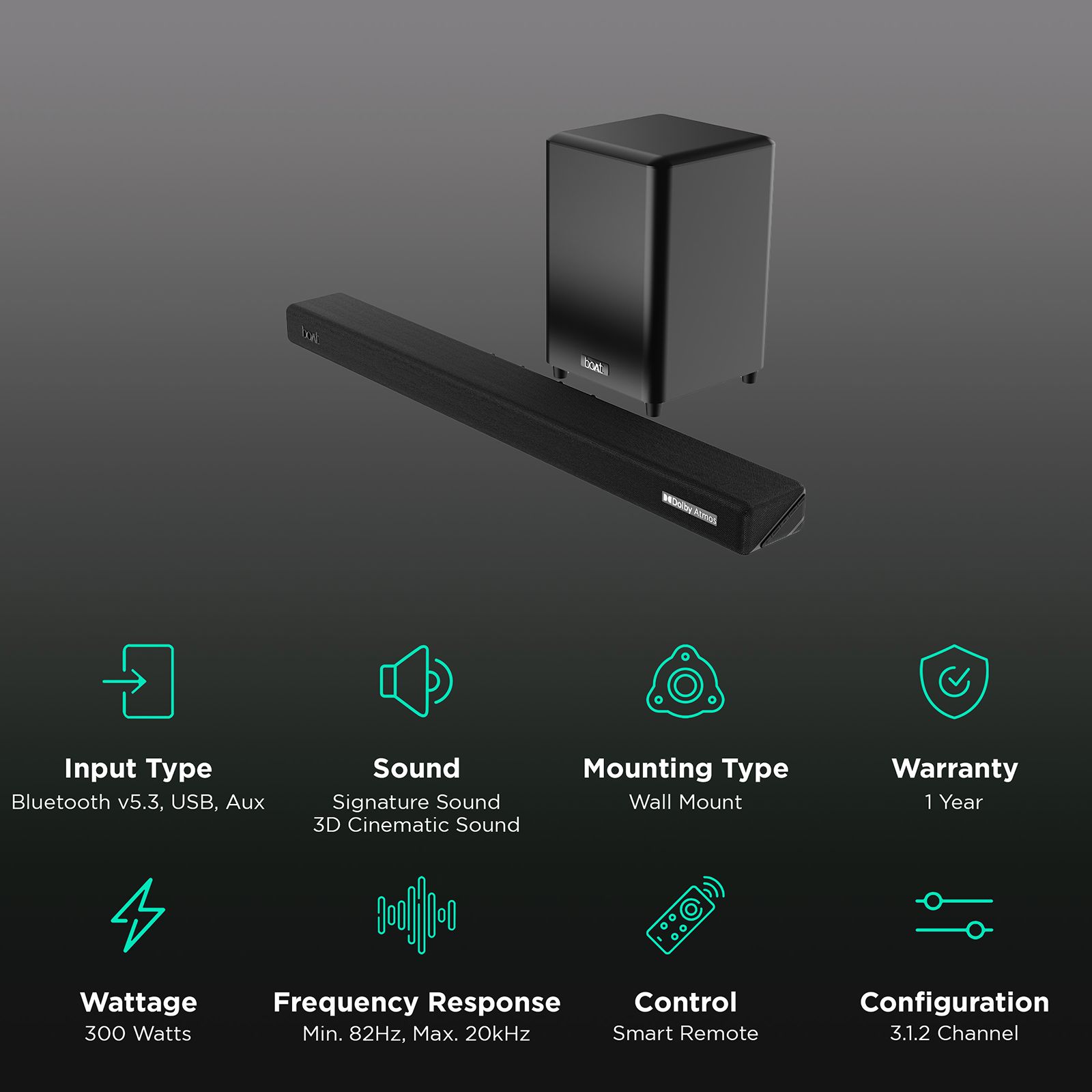 boAt Aavante Bar 4100DA 300W Bluetooth Soundbar with Remote (Dolby Atmos, 3.1.2 Channel, Premium Black) boAt Aavante Bar 4100DA 300W Bluetooth Soundbar with Remote (Dolby Atmos, 3.1.2 Channel, Premium Black)_2