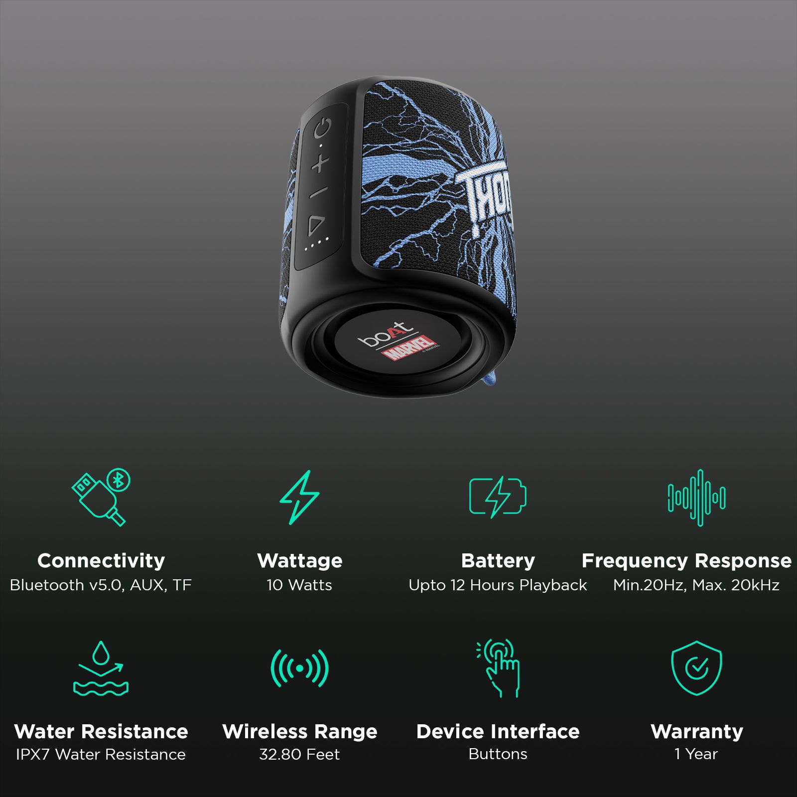 boAt Stone 350 Thor Edition 10W Portable Bluetooth Speaker (IPX7 Water Resistant, 12 Hours Playback, Electric Blue) boAt Stone 350 Thor Edition 10W Portable Bluetooth Speaker (IPX7 Water Resistant, 12 Hours Playback, Electric Blue)_3