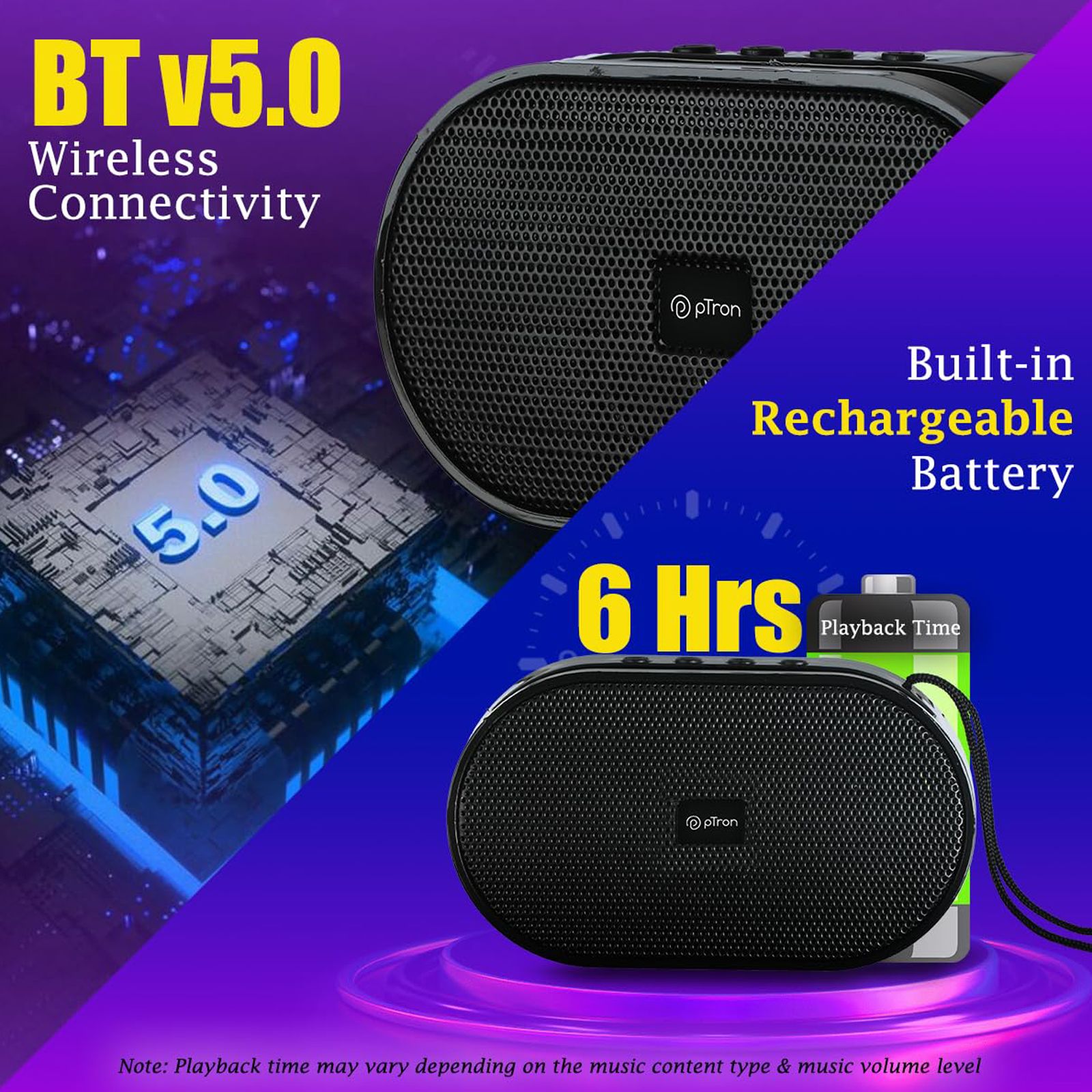 pTron Fusion Hook 6W Portable Bluetooth Speaker (52mm Dynamic Driver, Coal Black)_4