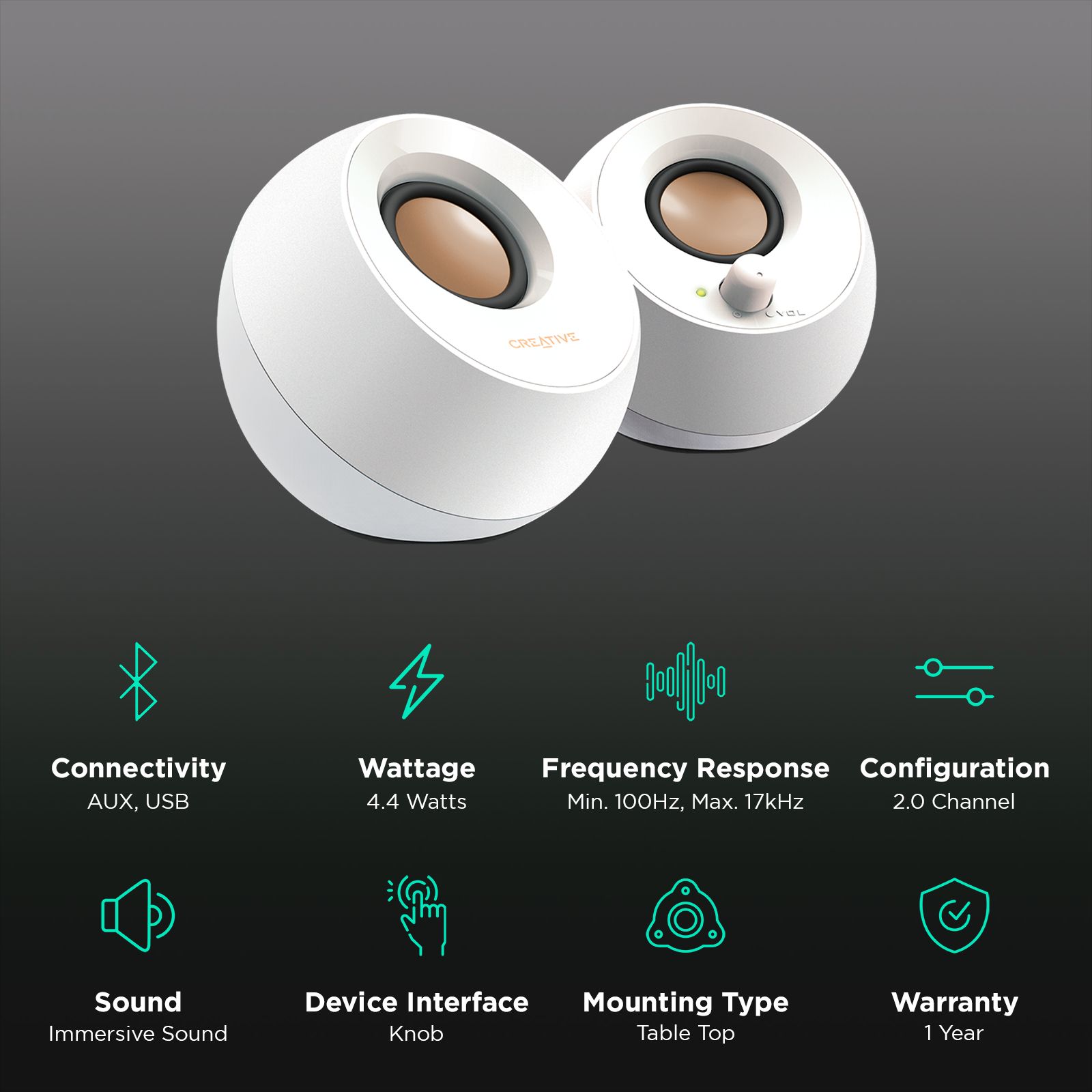 Creative Pebble 4.4W Multimedia Speaker (45 Degree Elevated Drivers, 2.0 Channel, White) Creative Pebble 4.4W Multimedia Speaker (45 Degree Elevated Drivers, 2.0 Channel, White)_2