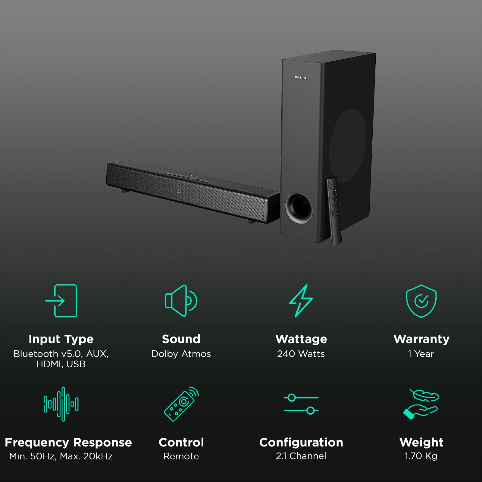 Creative Stage 360 240W Bluetooth Soundbar with Remote (Dolby Atmos, 2.1 Channel, Black)_2