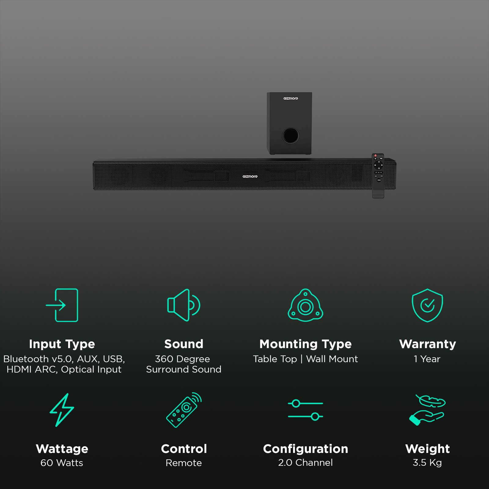 GIZmore BAR6000 60W Bluetooth Soundbar with Remote (360 Degree Surround Sound, 2.1 Channel, Black) GIZmore BAR6000 60W Bluetooth Soundbar with Remote (360 Degree Surround Sound, 2.1 Channel, Black)_2