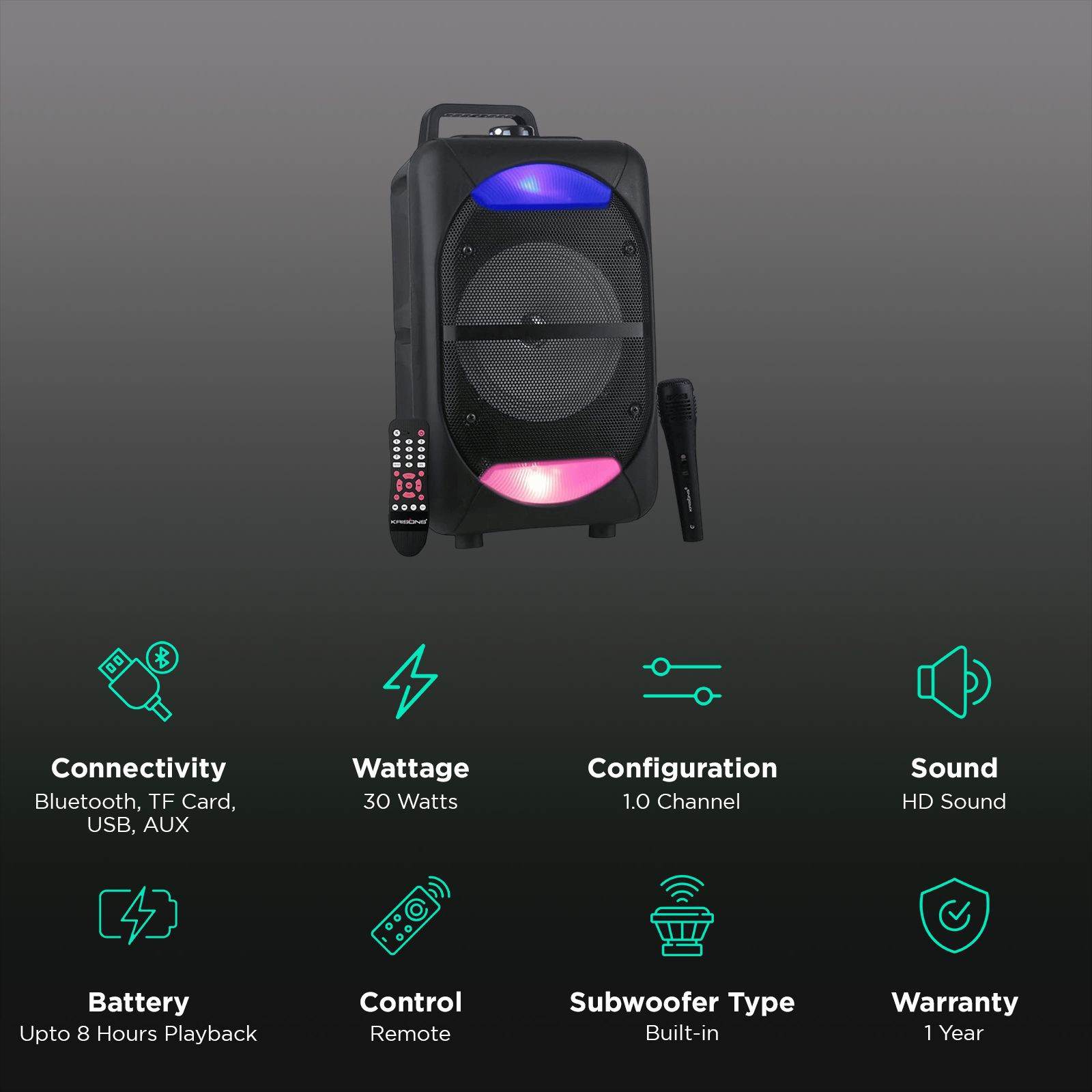 Krisons Beatz 30W Bluetooth Party Speaker with Mic (High Bass, 1.0 Channel, Black) Krisons Beatz 30W Bluetooth Party Speaker with Mic (High Bass, 1.0 Channel, Black)_3