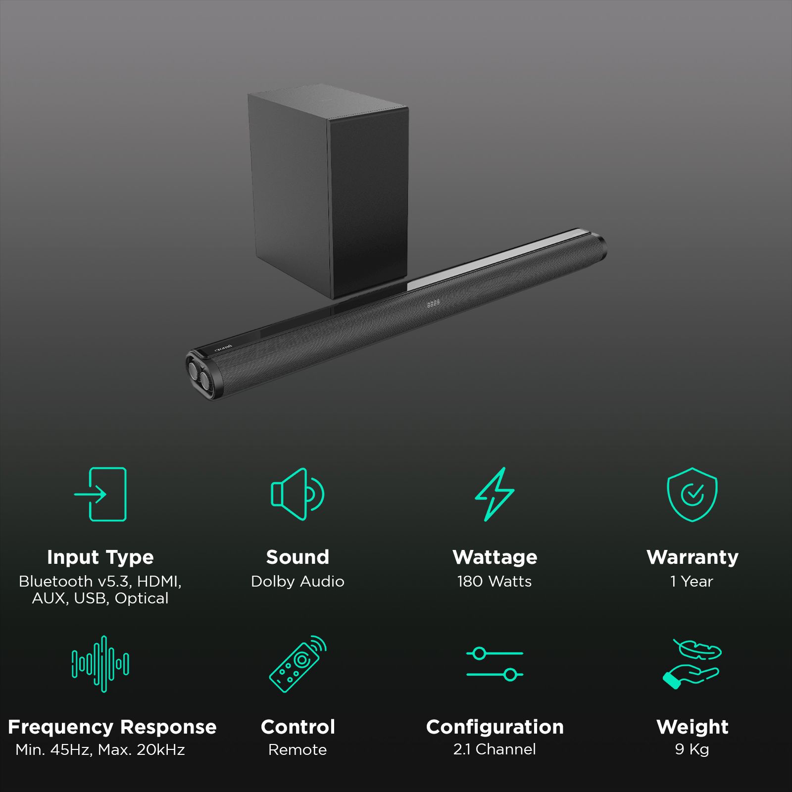 Croma 180W Bluetooth Soundbar with Remote (Dolby Audio, 2.1 Channel, Black)_2