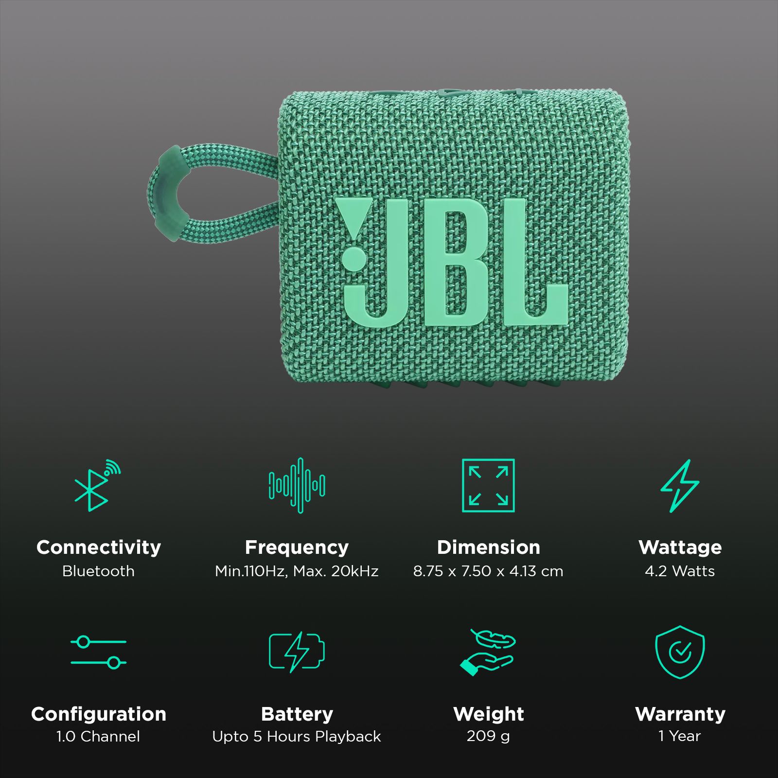 JBL Go 3 Eco 4.2W Portable Bluetooth Speaker (IP67 Waterproof, 5 Hours Playtime, 1.0 Channel, Green)_2