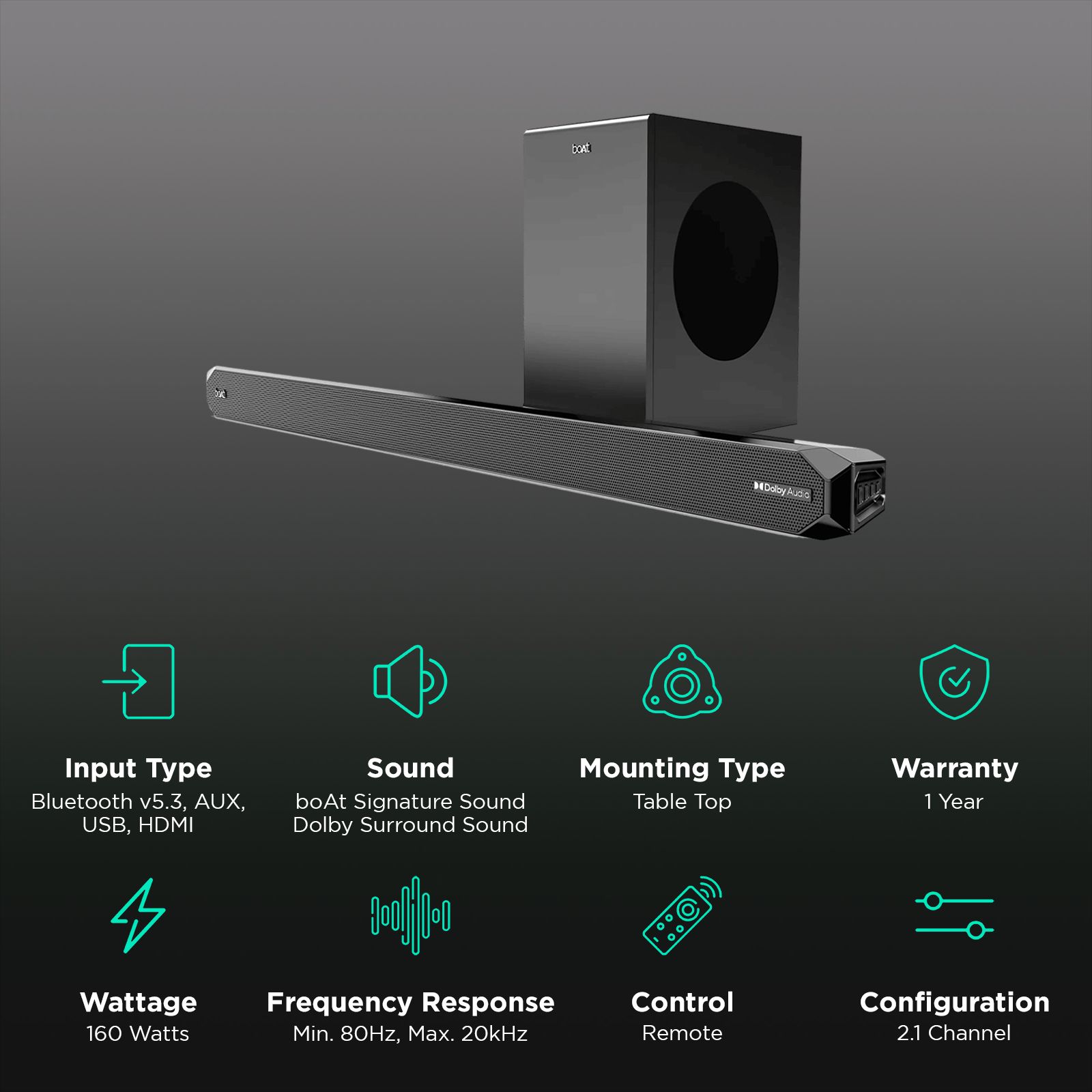 boAt Aavante Bar A2060 160W Bluetooth Soundbar with Remote (Dolby Audio, 2.1 Channel, Premium Black) boAt Aavante Bar A2060 160W Bluetooth Soundbar with Remote (Dolby Audio, 2.1 Channel, Premium Black)_2