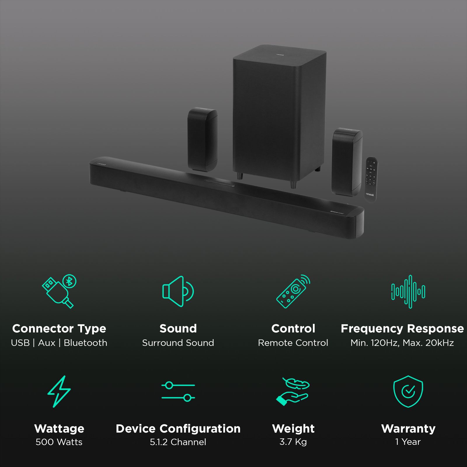 Croma 500W Bluetooth Home Theatre with Remote (Dolby Atmos, 5.1.2 Channel, Black) Croma 500W Bluetooth Home Theatre with Remote (Dolby Atmos, 5.1.2 Channel, Black)_2