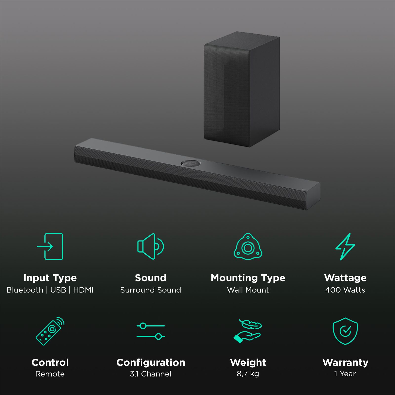 LG SQ70TY 400W Bluetooth Soundbar with Remote (Dolby Digital, 3.1.1 Channel, Black)_2