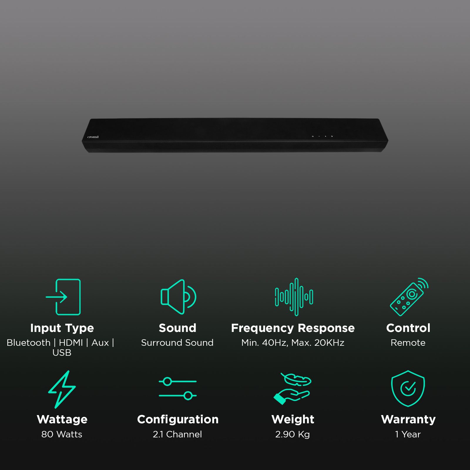 Croma 80W Bluetooth Soundbar with Remote (Surround Sound, 2.1 Channel, Black)_2