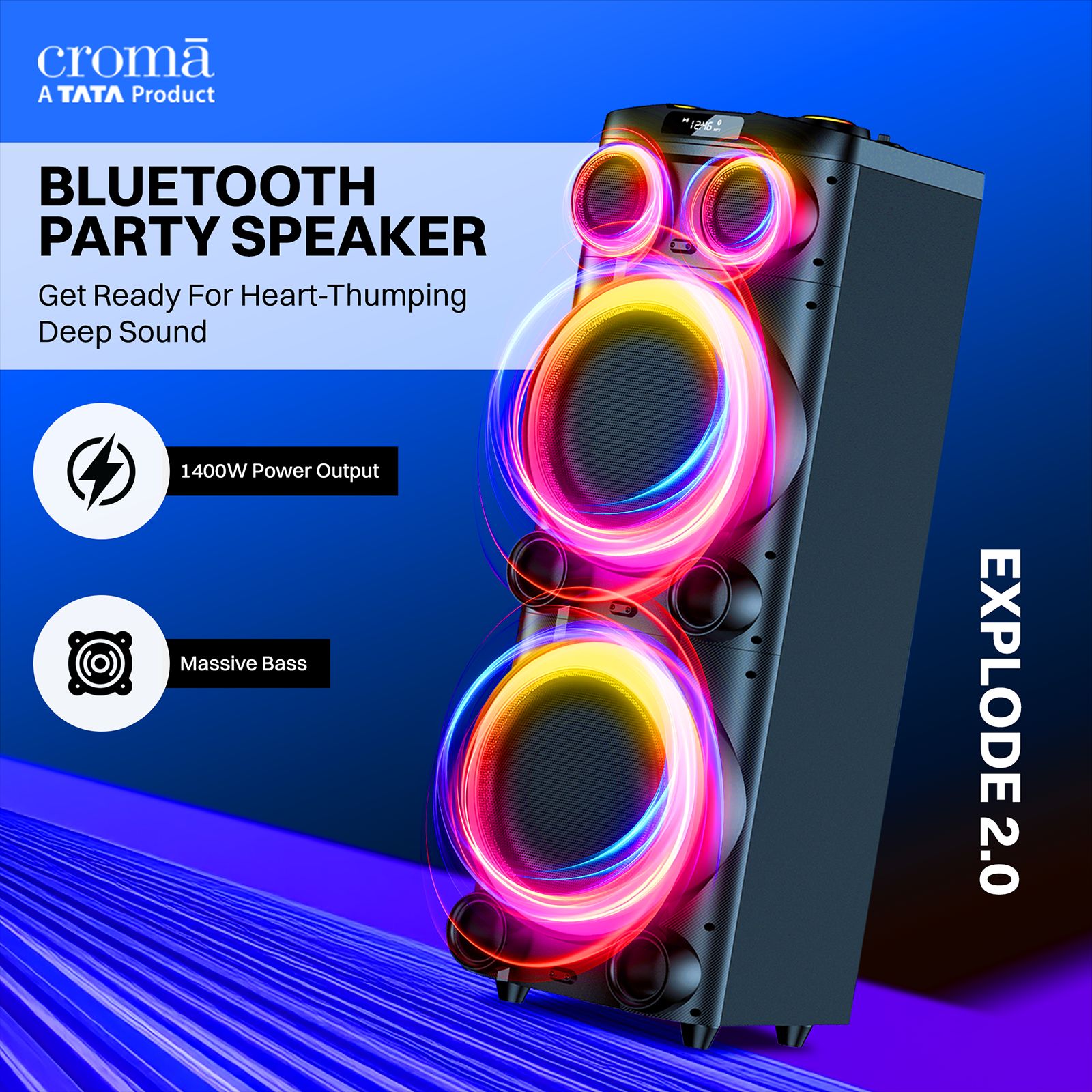 Croma Explode 2.0 1400W Bluetooth Party Speaker with Mic (RGB Party Laser Light, Stereo Channel, Black)_16