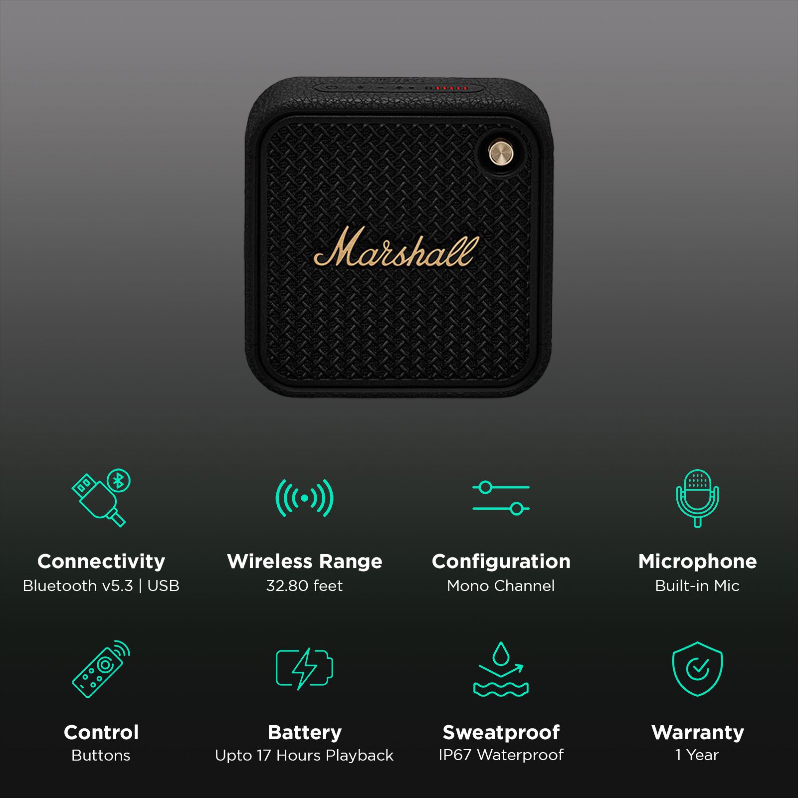 Marshall Willen II 38W Portable Bluetooth Speaker (IP67 Waterproof, Mono Channel, Black and Brass)_2