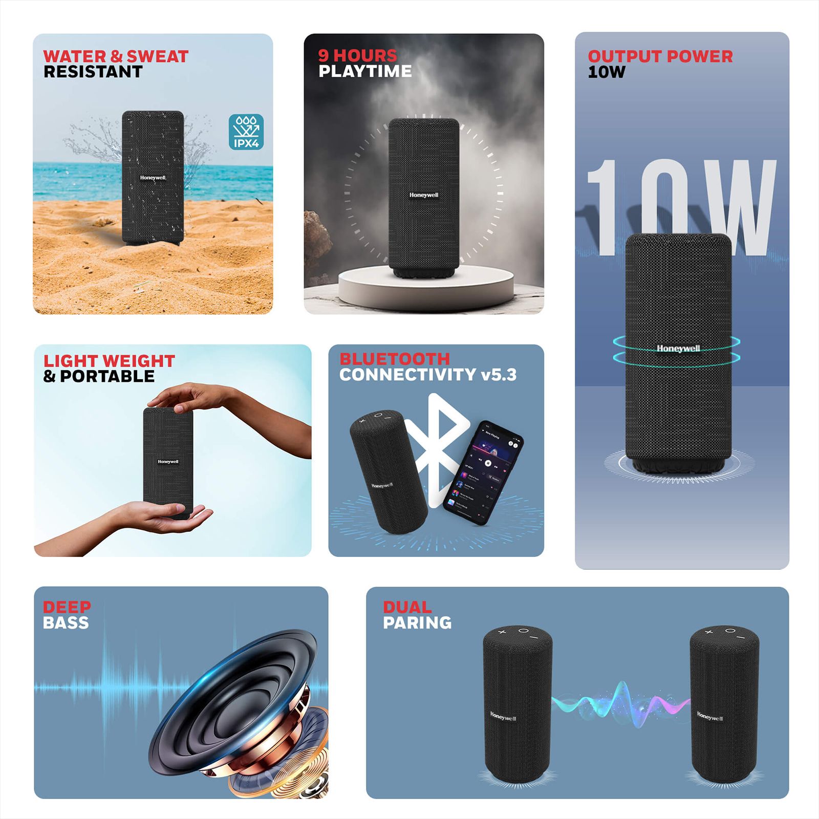 Honeywell Suono P300 10W Portable Bluetooth Speaker (IPX4 Water & Sweat Resistant, 9 Hours Playback Time, Black) Honeywell Suono P300 10W Portable Bluetooth Speaker (IPX4 Water & Sweat Resistant, 9 Hours Playback Time, Black)_4