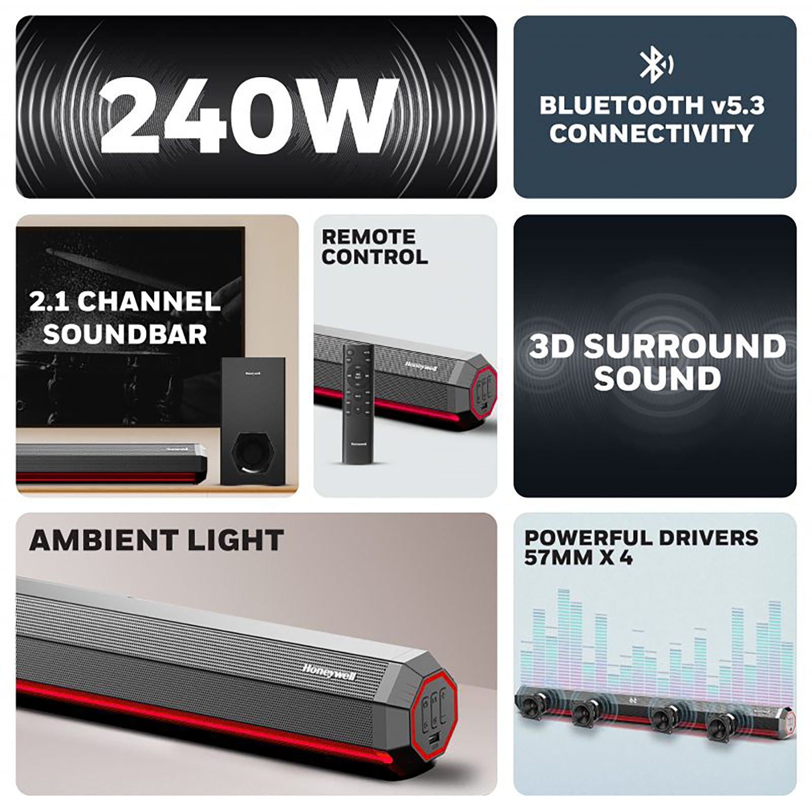 Honeywell Trueno U4000 240W Soundbar with Remote (3D Surround Sound, 2.1 Channel, Black)_6