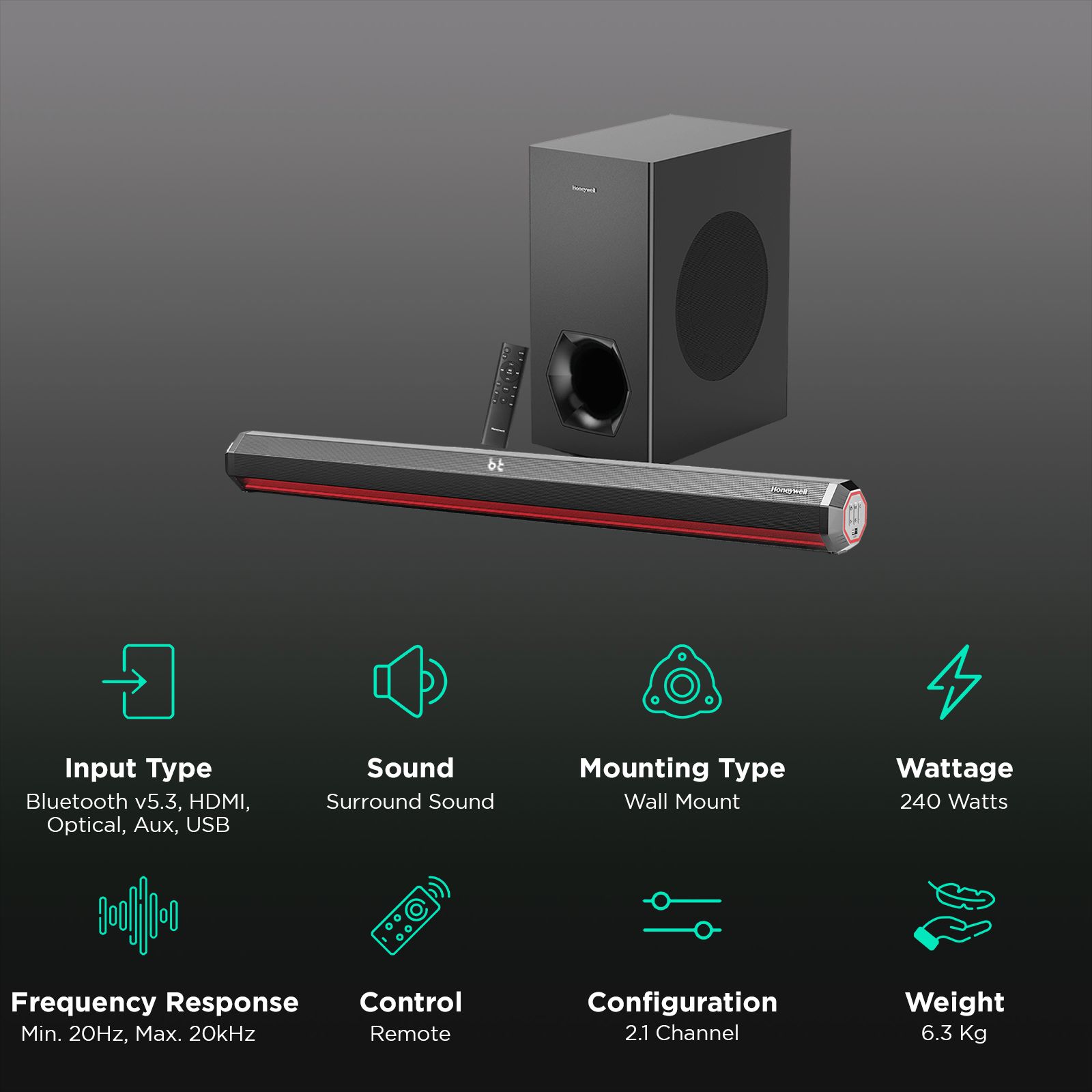 Honeywell Trueno U4000 240W Soundbar with Remote (3D Surround Sound, 2.1 Channel, Black)_2