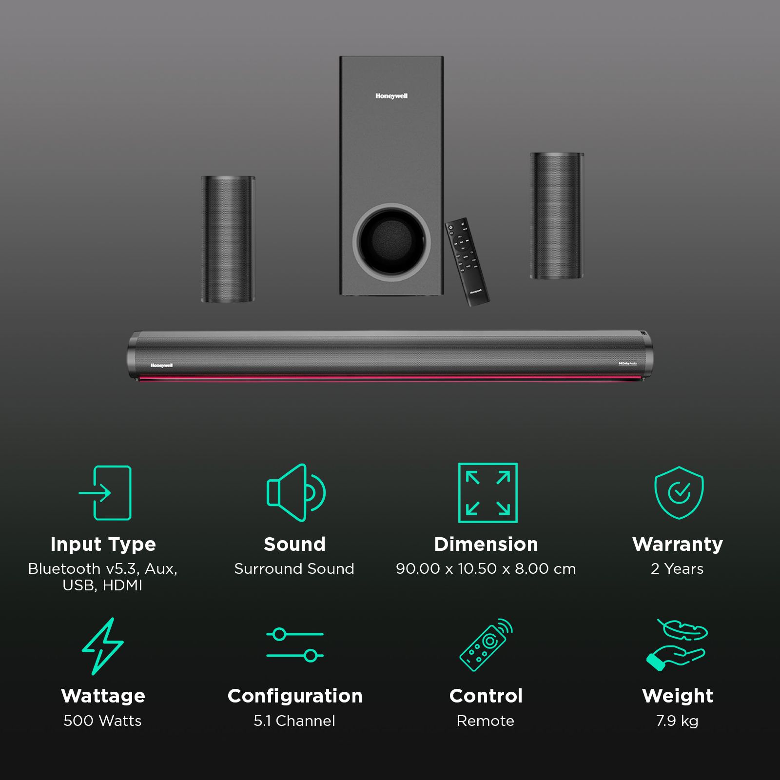 Honeywell Trueno U7000 500W Bluetooth Soundbar with Remote (Dolby Audio, 5.1 Channel, Black)_2