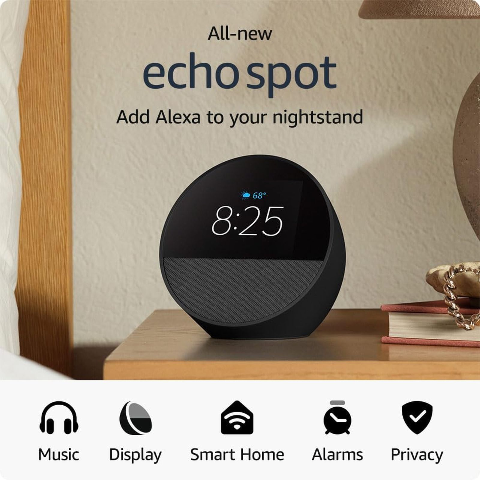 amazon Echo Spot with Built-in Alexa Smart Wi-Fi Speaker (Customizable Smart Clock, Black)_3