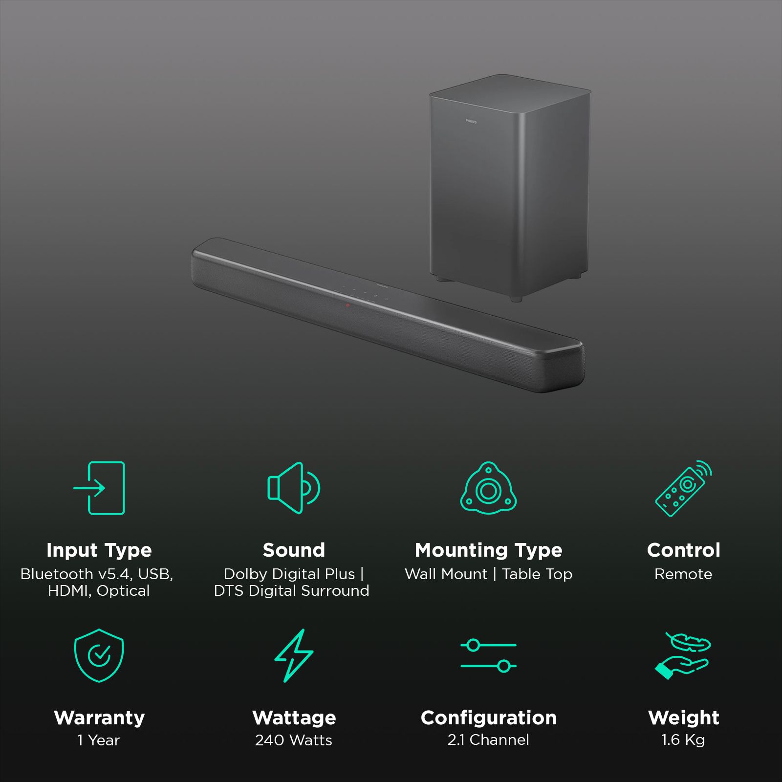 PHILIPS TAB5309/94 240W Bluetooth Soundbar with Remote (Dolby Digital Plus, 2.1 Channel, Dark Grey) PHILIPS TAB5309/94 240W Bluetooth Soundbar with Remote (Dolby Digital Plus, 2.1 Channel, Dark Grey)_2