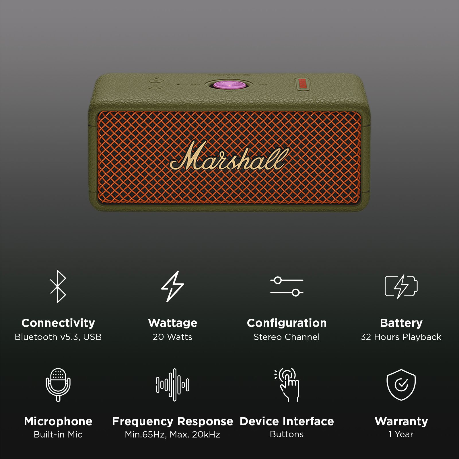 Marshall Emberton III 20W Portable Bluetooth Speaker (IP67 Dust & Waterproof, 360 Degree Sound, Stereo Channel, Lunar Red) Marshall Emberton III 20W Portable Bluetooth Speaker (IP67 Dust & Waterproof, 360 Degree Sound, Stereo Channel, Lunar Red)_2
