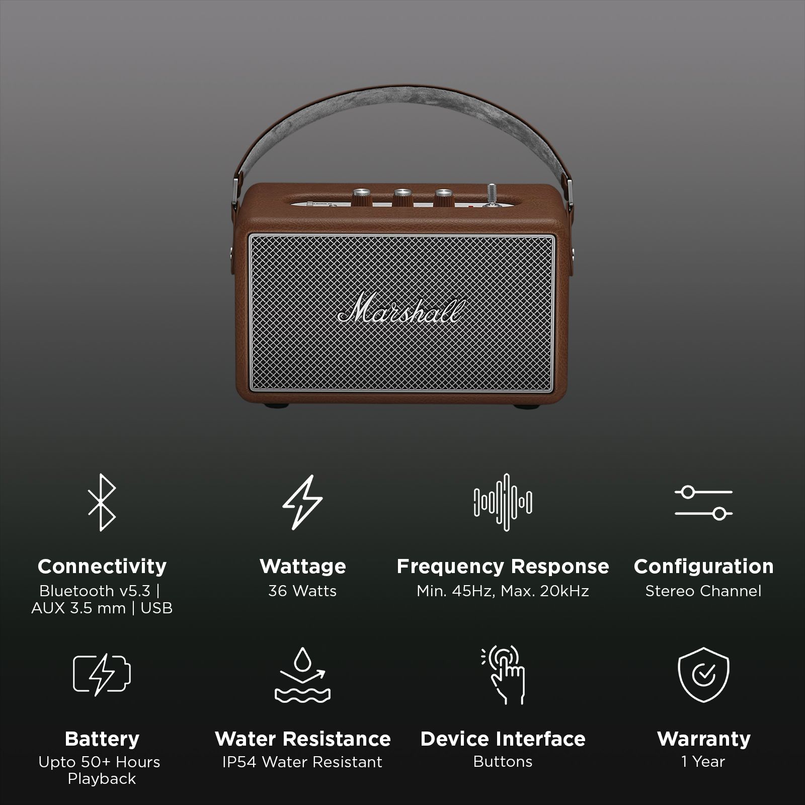 Marshall Kilburn III 36W Portable Bluetooth Speaker (IP54 Water Resistant, 360 Degree True Stereophonic Sound, Stereo Channel, Brown)_2