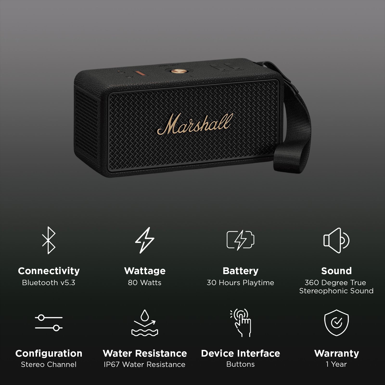Marshall MIDDLETON 2 80W Portable Bluetooth Speaker (IP67 Waterproof, 360 Degree True Stereophonic Sound, Stereo Channel, Black & Brass)_3