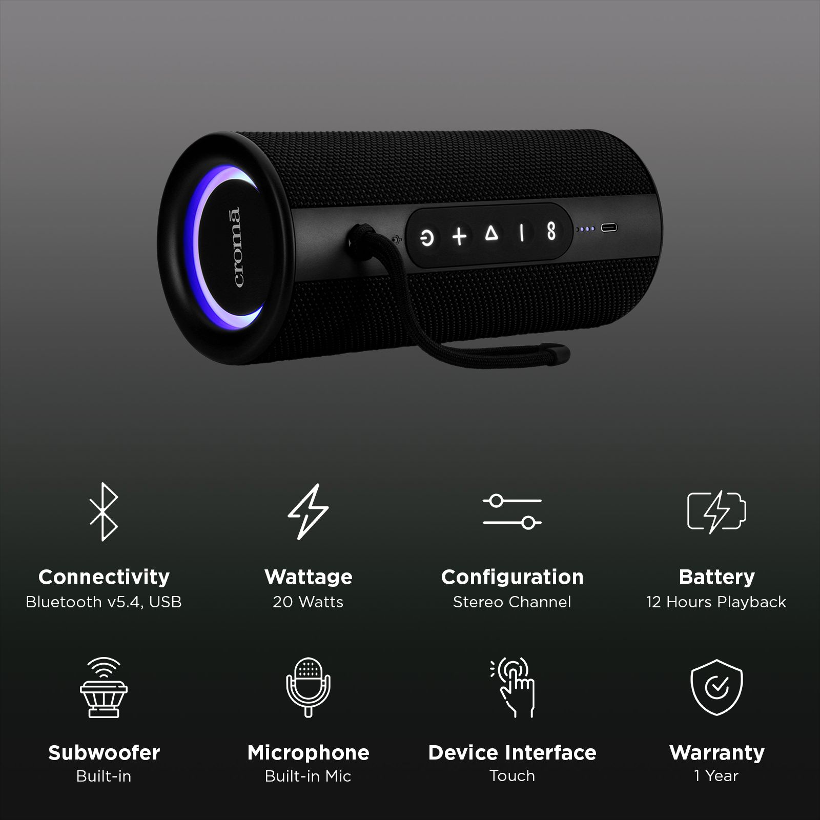 Croma 20W Portable Bluetooth Speaker (IPX6 Water Resistant, TWS Function, Stereo Channel, Black) Croma 20W Portable Bluetooth Speaker (IPX6 Water Resistant, TWS Function, Stereo Channel, Black)_2