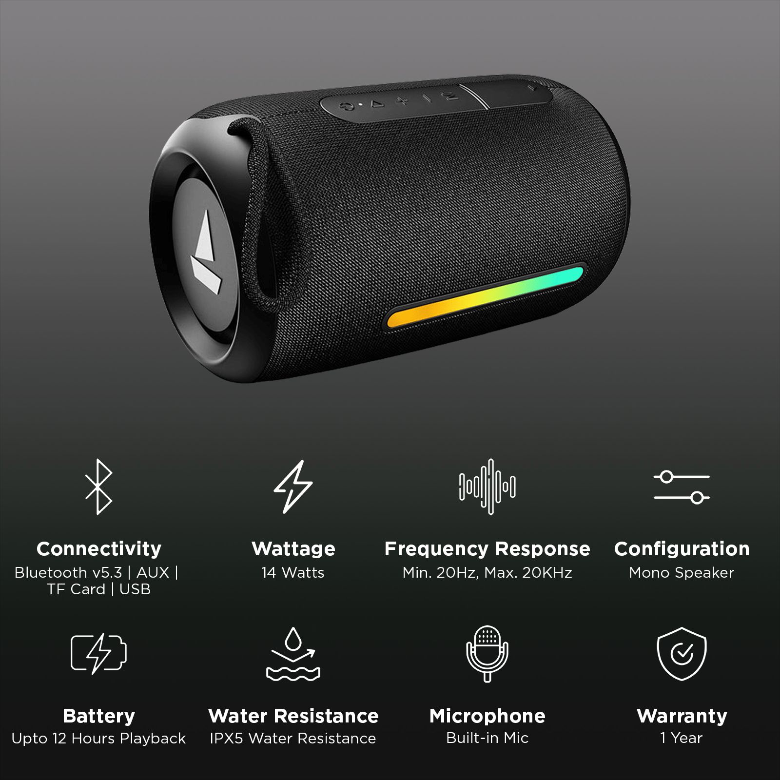 boAt Stone 358 Pro 14W Portable Bluetooth Speaker (IPX5 Water Resistant, RGB LEDs Design, Raging Black) boAt Stone 358 Pro 14W Portable Bluetooth Speaker (IPX5 Water Resistant, RGB LEDs Design, Raging Black)_2