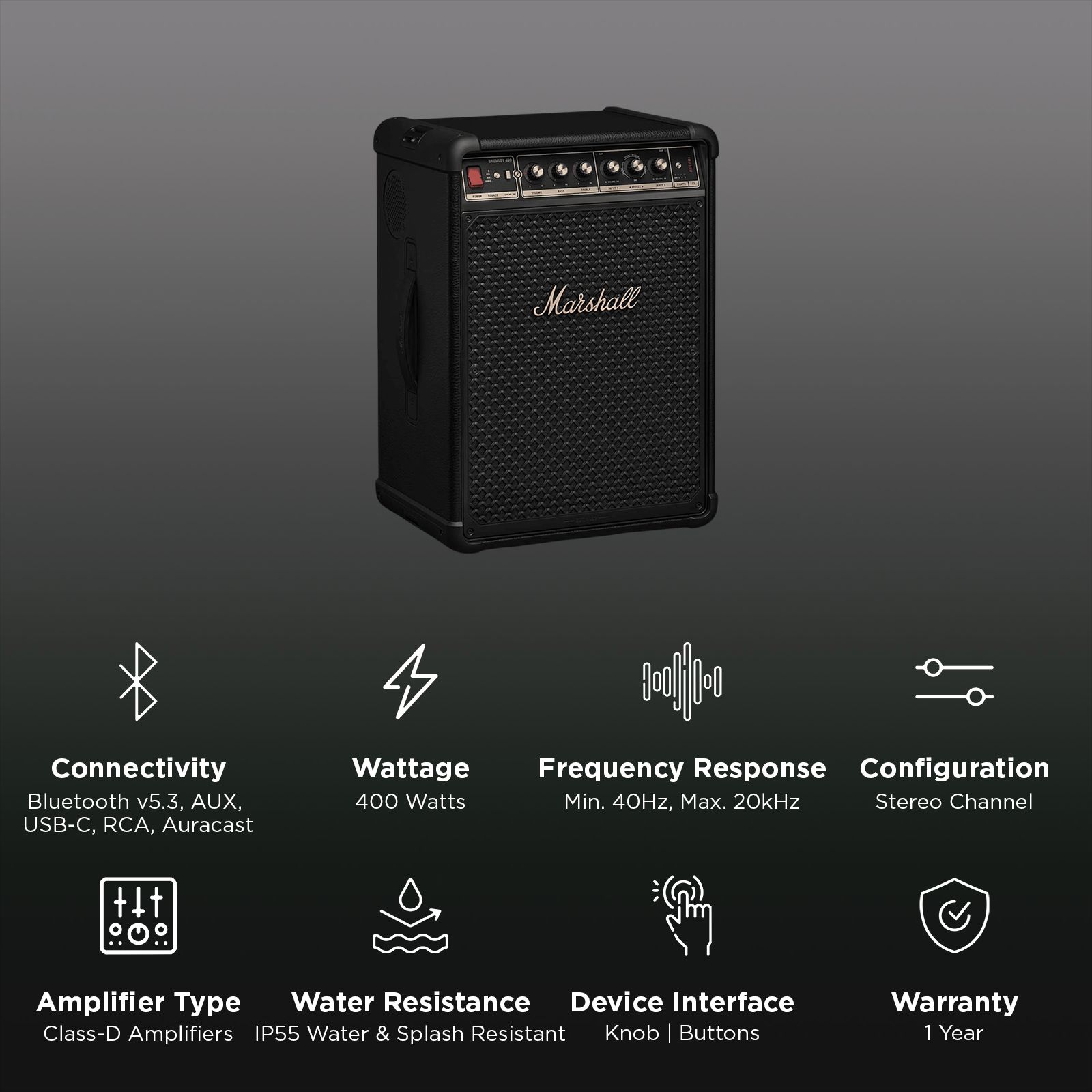 Marshall Bromley 450 400W Bluetooth Party Speaker (True Stereophonic 360 Degree Sound, Stereo Channel, Black & Brass) Marshall Bromley 450 400W Bluetooth Party Speaker (True Stereophonic 360 Degree Sound, Stereo Channel, Black & Brass)_2