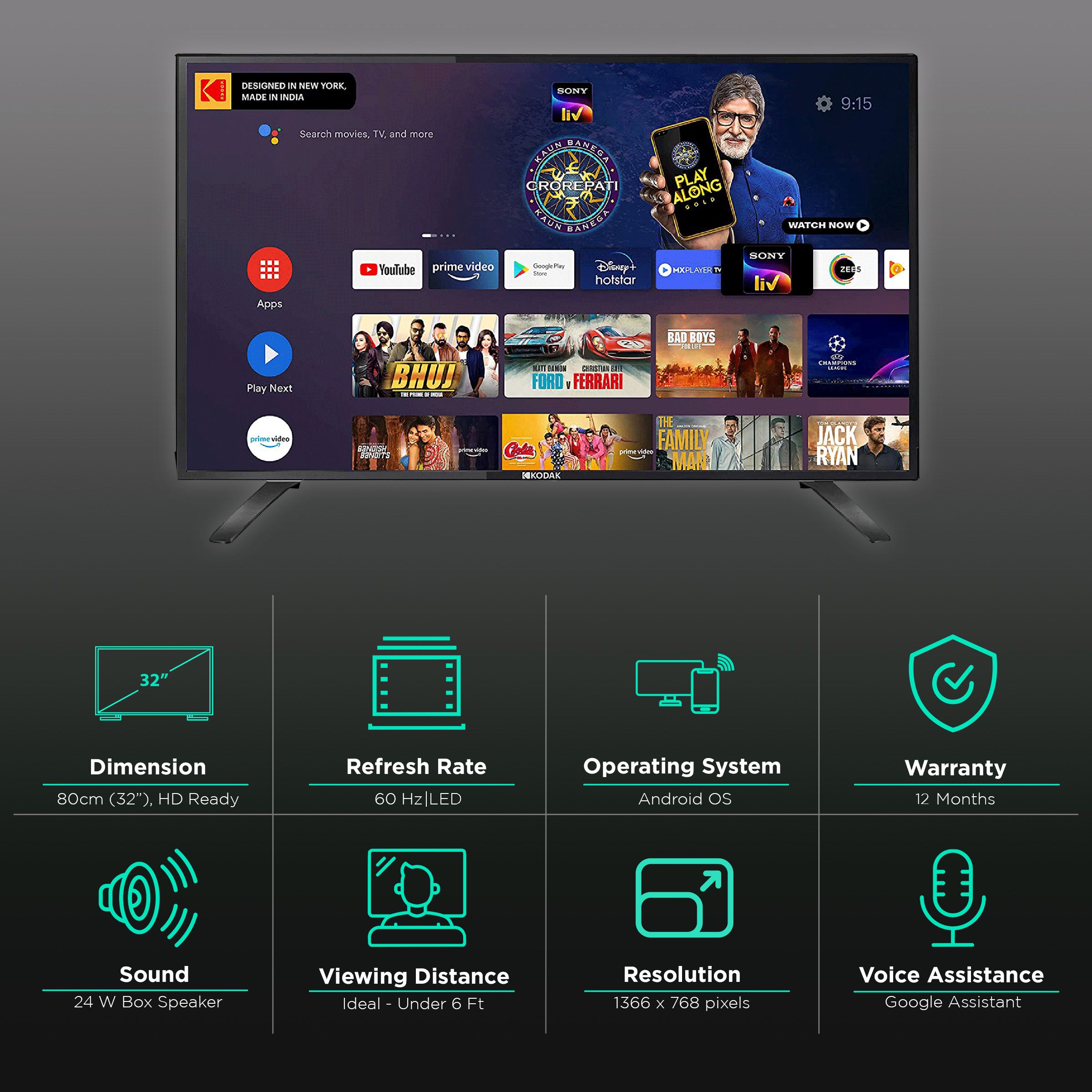 Kodak 7X Pro 80 cm (32 inch) HD Ready LED Smart Android TV with Google Assistant (2020 model) Kodak 7X Pro 80 cm (32 inch) HD Ready LED Smart Android TV with Google Assistant (2020 model)_3