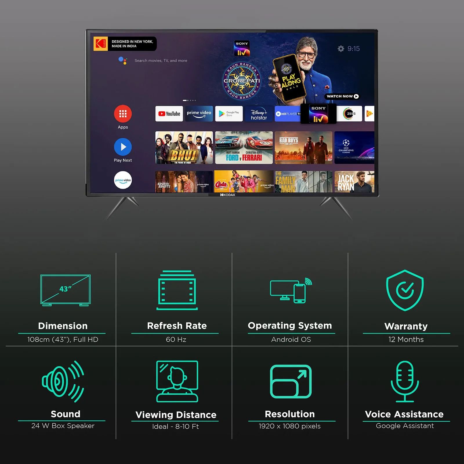 KODAK 7X Pro 109 cm (43 inch) Full HD LED Smart Android TV with Google Assistant (2021 model) KODAK 7X Pro 109 cm (43 inch) Full HD LED Smart Android TV with Google Assistant (2021 model)_3