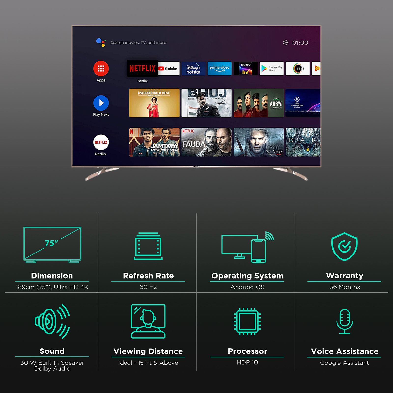 Kodak CA Series 189 cm (75 inch) 4K Ultra HD LED Android TV with Google Assistant (2021 model) Kodak CA Series 189 cm (75 inch) 4K Ultra HD LED Android TV with Google Assistant (2021 model)_2