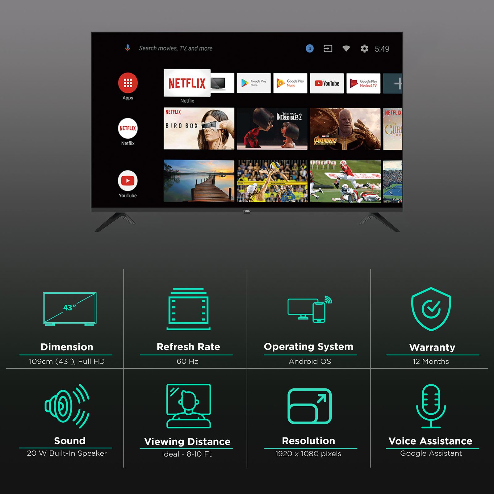 Haier K Series 109 cm (43 inch) Full HD LED Smart Android TV with Google Assistant Haier K Series 109 cm (43 inch) Full HD LED Smart Android TV with Google Assistant_3