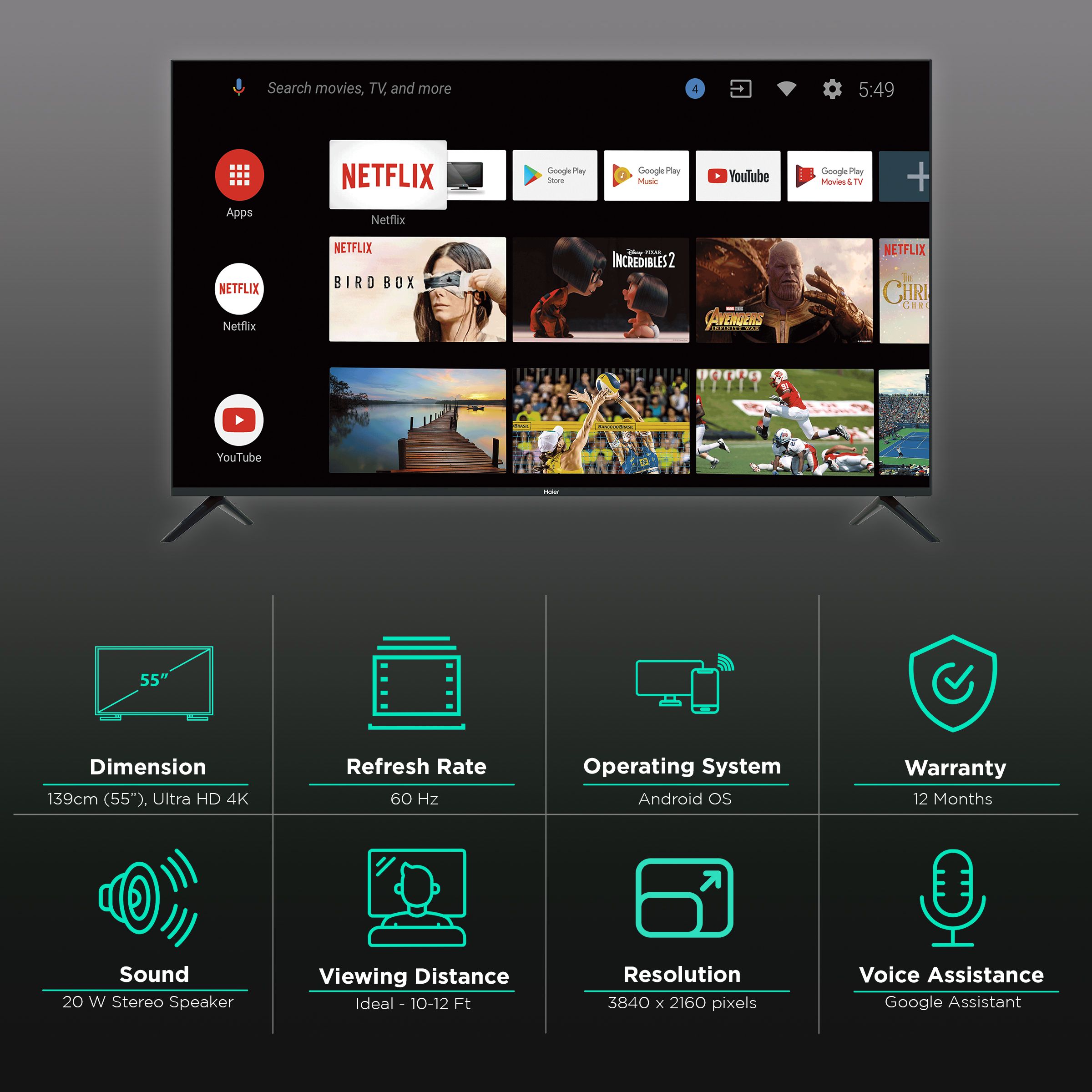 Haier K Series 140 cm (55 inch) 4K Ultra HD LED Android TV with Google Assistant Haier K Series 140 cm (55 inch) 4K Ultra HD LED Android TV with Google Assistant_3