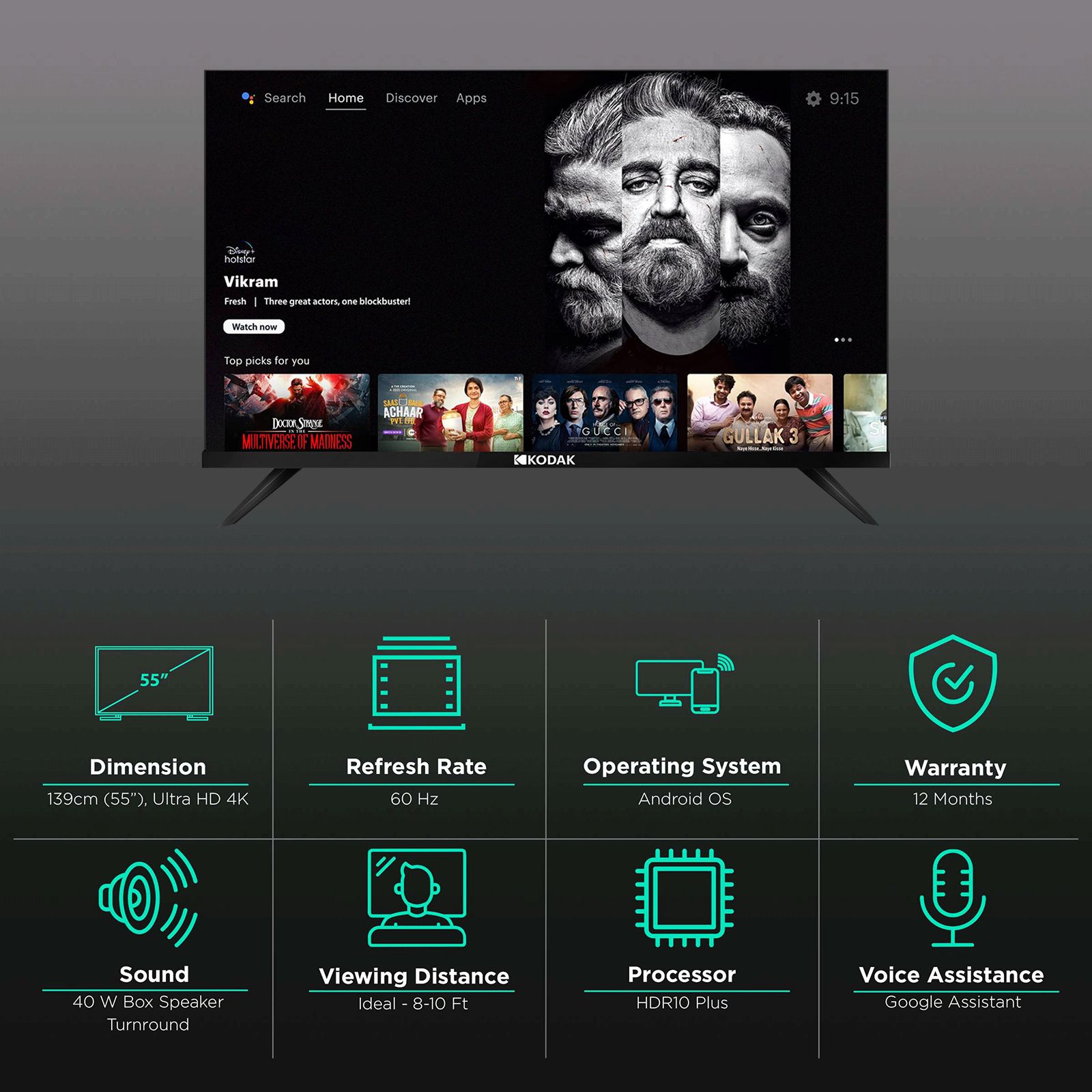 KODAK 7XPRO Series 140 cm (55 inch) 4K Ultra HD LED Android TV with Google Assistant (2021 model) KODAK 7XPRO Series 140 cm (55 inch) 4K Ultra HD LED Android TV with Google Assistant (2021 model)_2