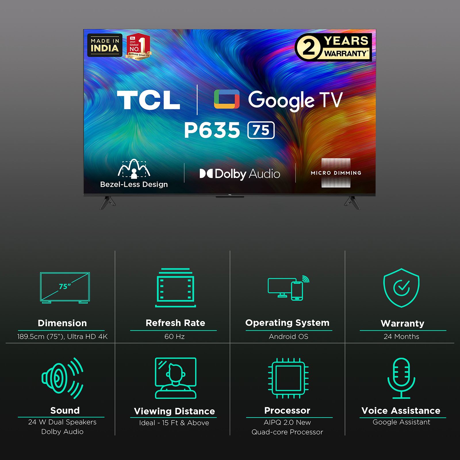 TCL P Series 190 cm (75 inch) 4K Ultra HD LED Android TV with Dolby Audio Digital Decoder TCL P Series 190 cm (75 inch) 4K Ultra HD LED Android TV with Dolby Audio Digital Decoder_3