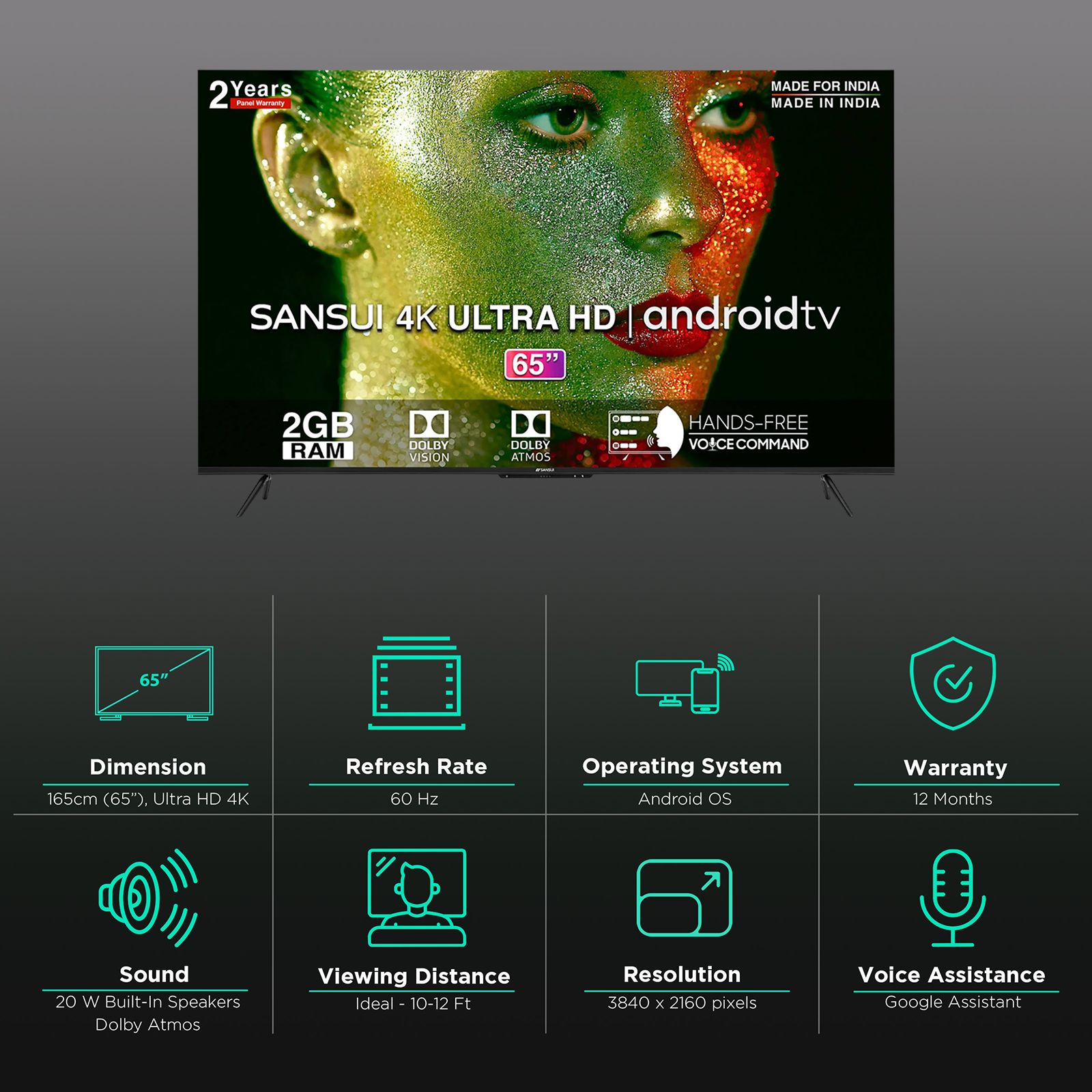 SANSUI 165 cm (65 inch) 4K Ultra HD LED Android TV with Dolby Atmos (2022 model) SANSUI 165 cm (65 inch) 4K Ultra HD LED Android TV with Dolby Atmos (2022 model)_3