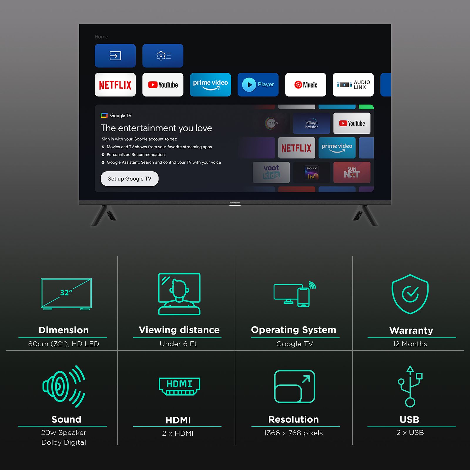 Panasonic MS Series 80 cm (32 inch) HD LED Smart Google TV with Dolby Digital Audio Panasonic MS Series 80 cm (32 inch) HD LED Smart Google TV with Dolby Digital Audio_3