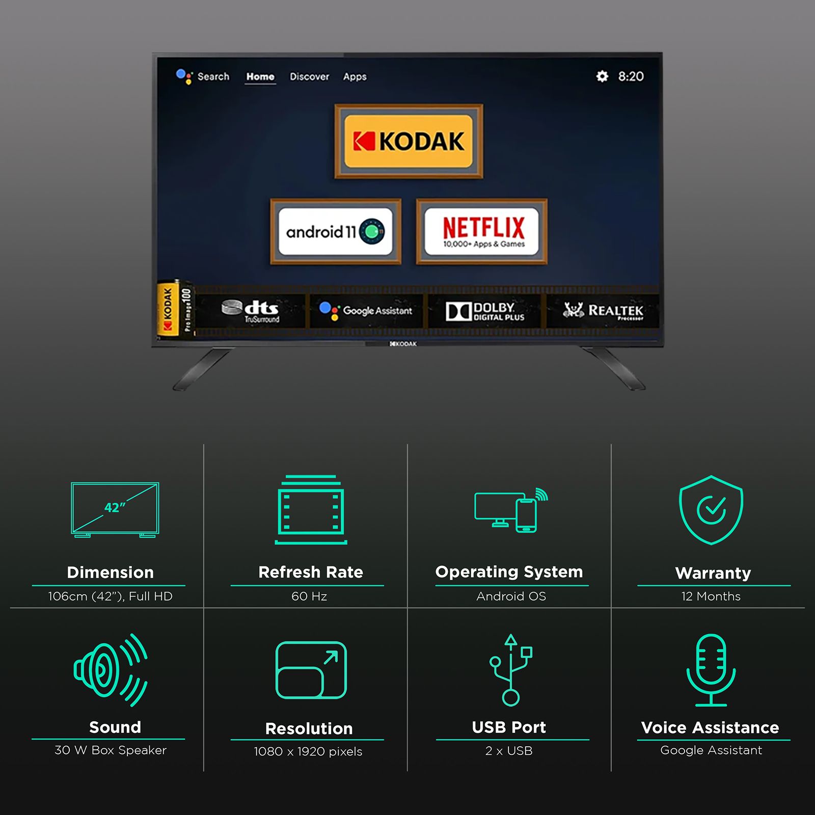 KODAK 9XPRO 106 cm (42 inch) Full HD LED Smart Android TV with Dolby Audio KODAK 9XPRO 106 cm (42 inch) Full HD LED Smart Android TV with Dolby Audio_3