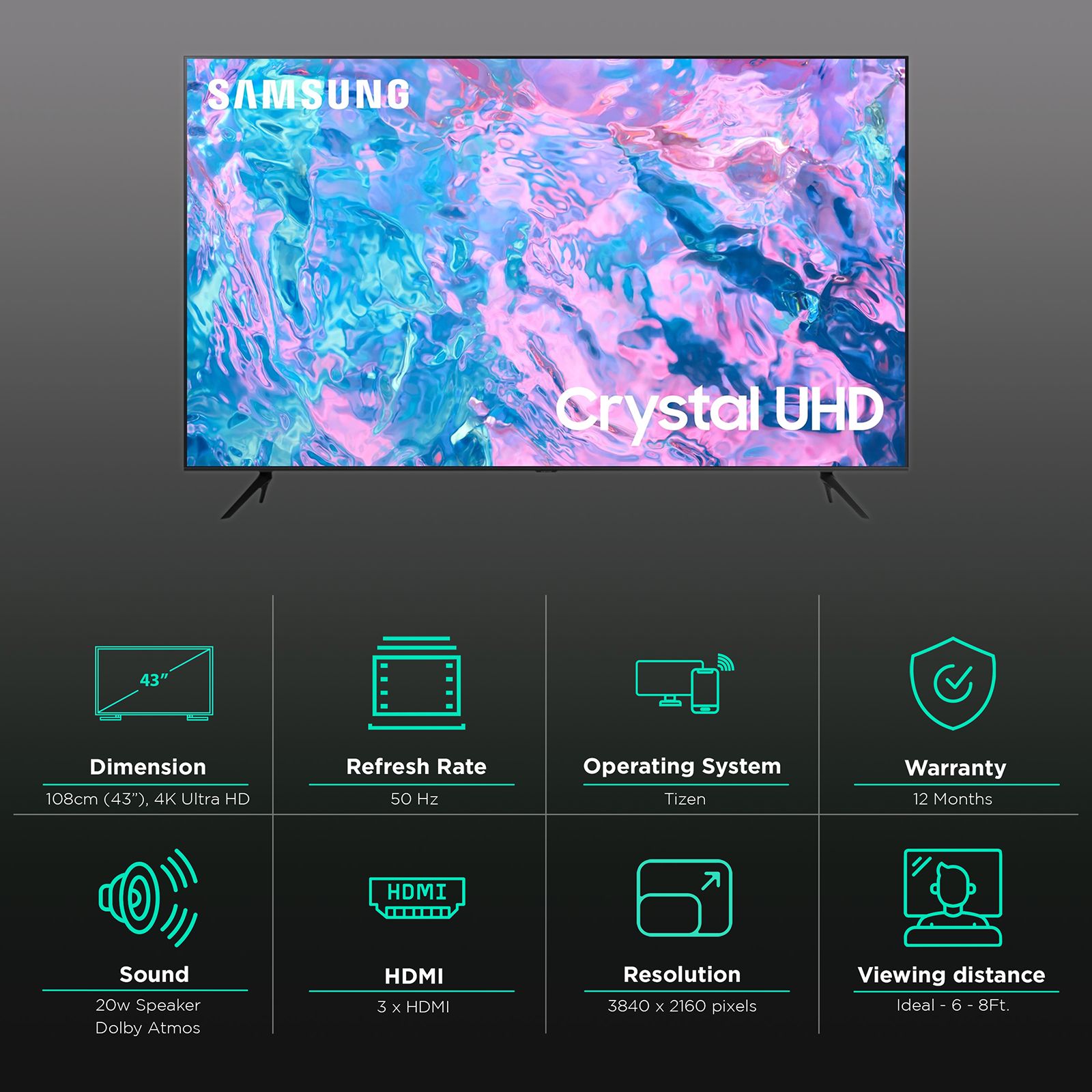 SAMSUNG CUE60 109 cm (43 inch) 4K Ultra HD LED Tizen TV with Crystal Processor 4K (2023 model)_2