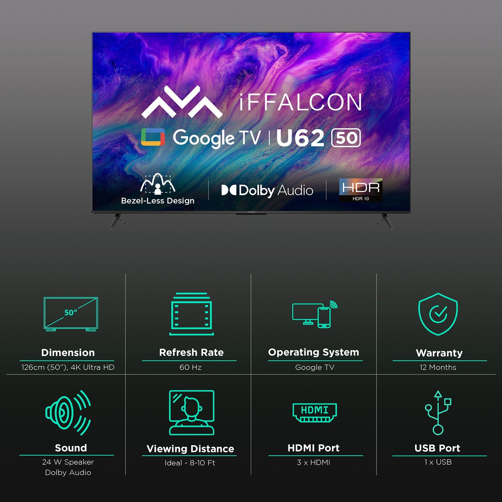iFFALCON U62 127 cm (50 inch) 4K Ultra HD LED Google TV with Dolby Audio (2022 model) iFFALCON U62 127 cm (50 inch) 4K Ultra HD LED Google TV with Dolby Audio (2022 model)_3