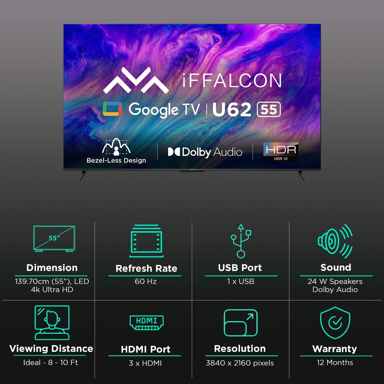 iFFALCON U62 140 cm (55 inch) LED 4K Ultra HD Smart Google TV with Built-in Google Assistant (2022 model)_3