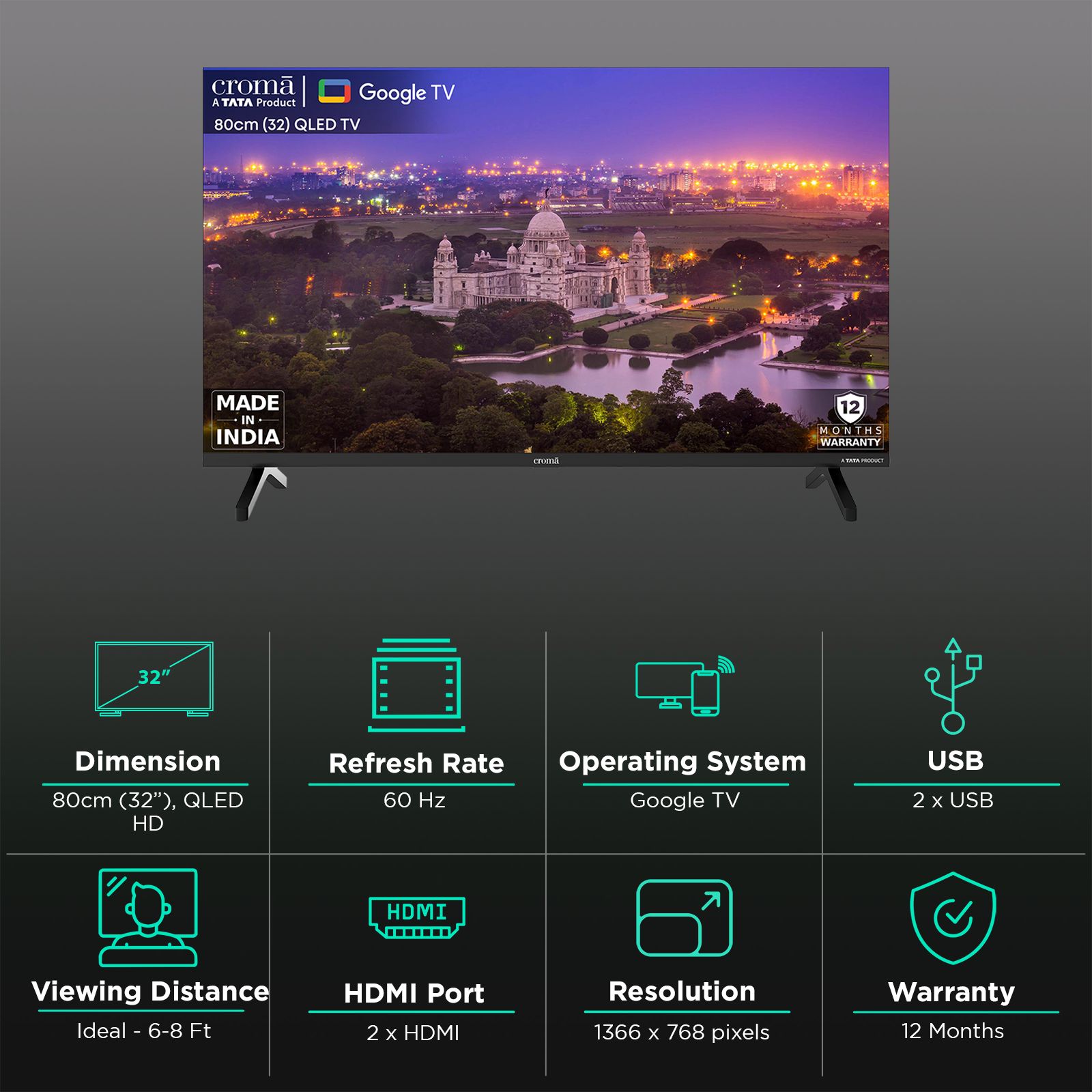Croma 80 cm (32 inch) HD Ready QLED Smart Google TV with Dolby Audio Croma 80 cm (32 inch) HD Ready QLED Smart Google TV with Dolby Audio_3
