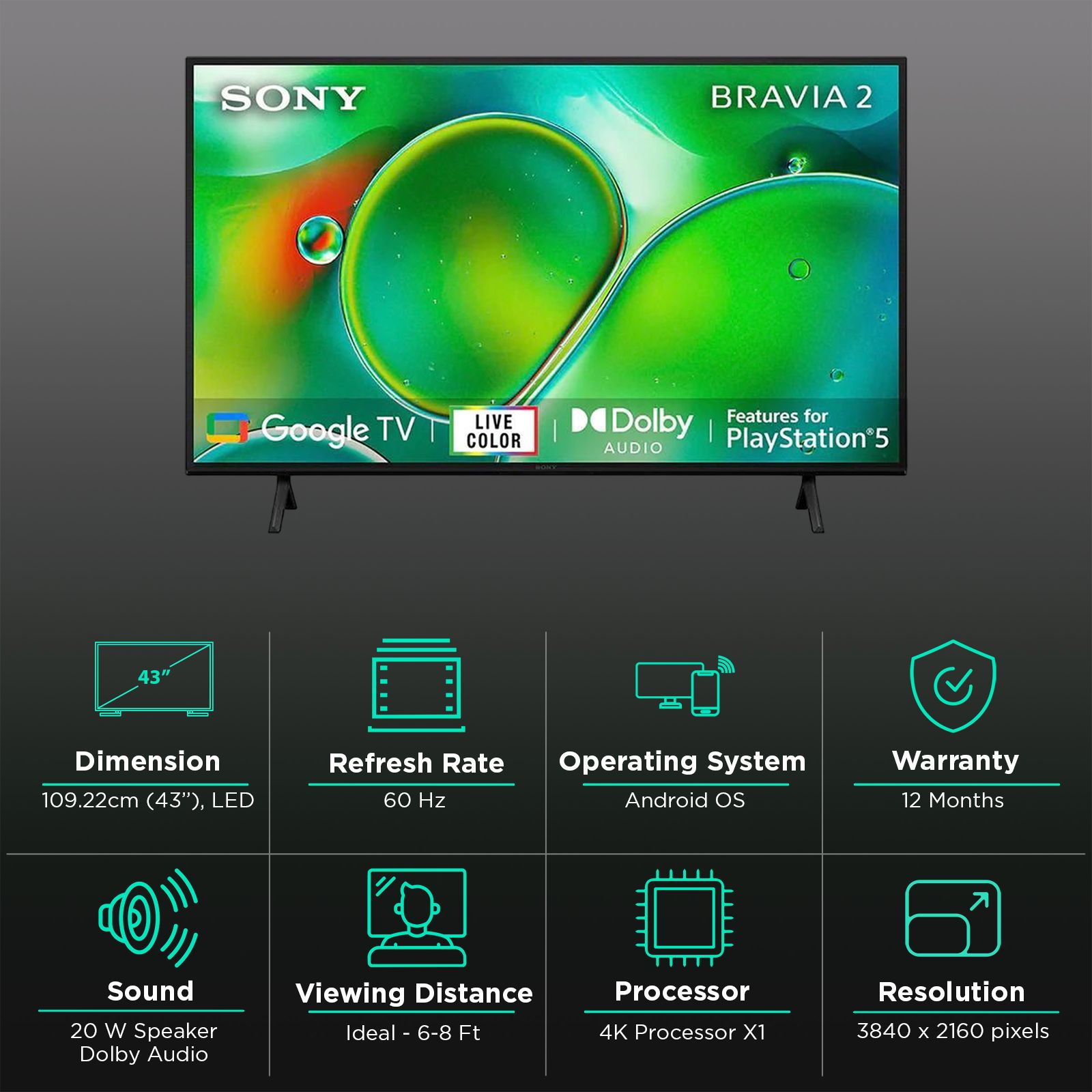 SONY BRAVIA 2 109 cm (43 inch) 4K Ultra HD LCD Smart Android TV with Live Colour Technology (2024 Model)_3