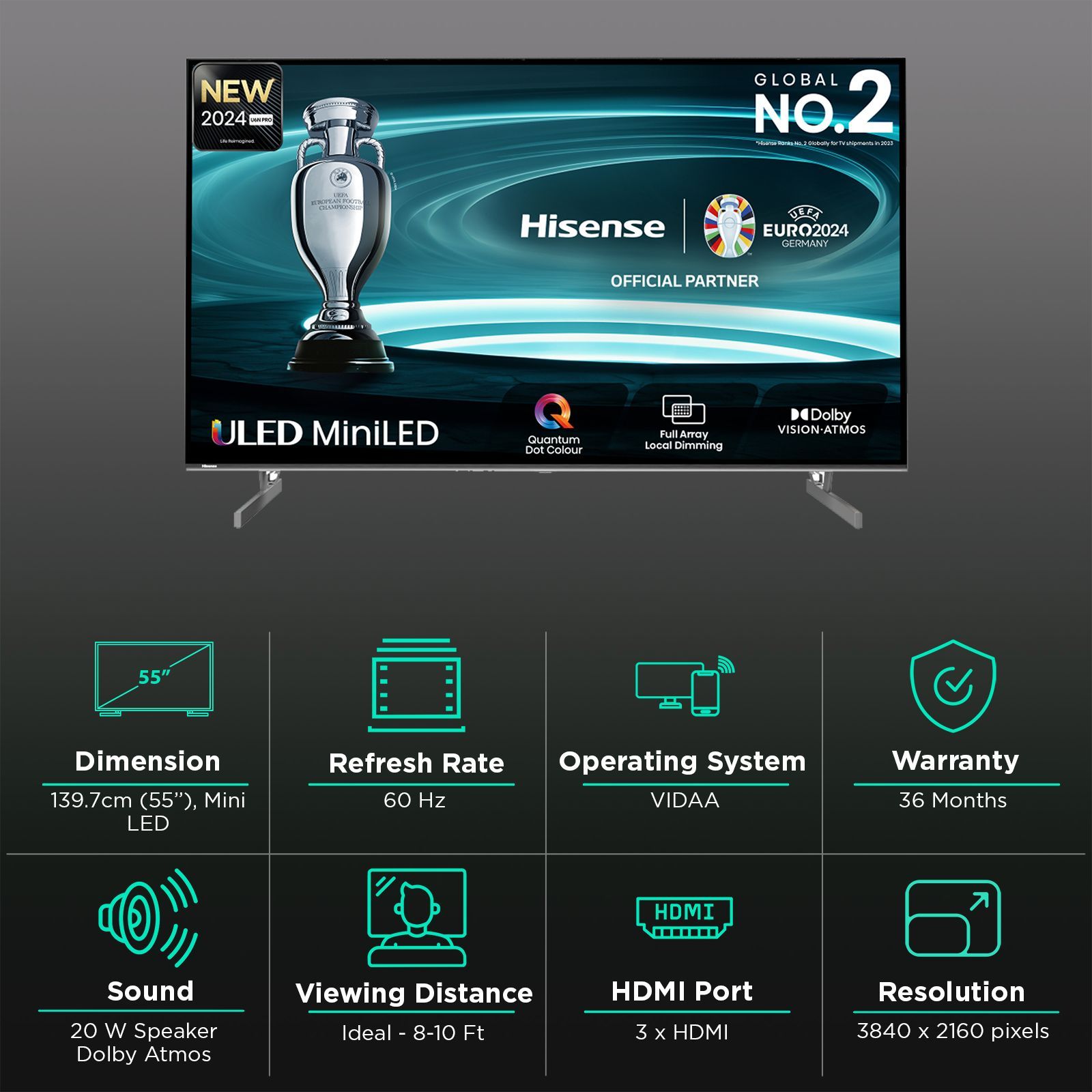 Hisense U6N Pro 140 cm (55 inch) 4K Ultra HD Mini LED Smart VIDAA TV with Dolby Vision & Dolby Atmos (2024 model)_3